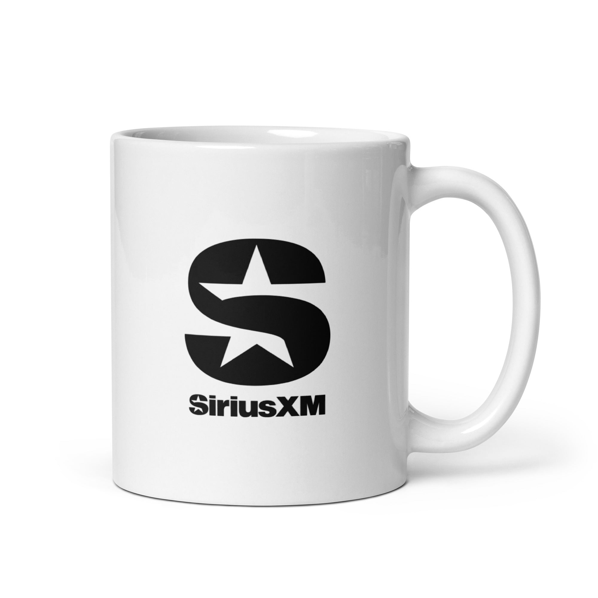 Back side of white mug featuring the 'SiriusXM' logo.