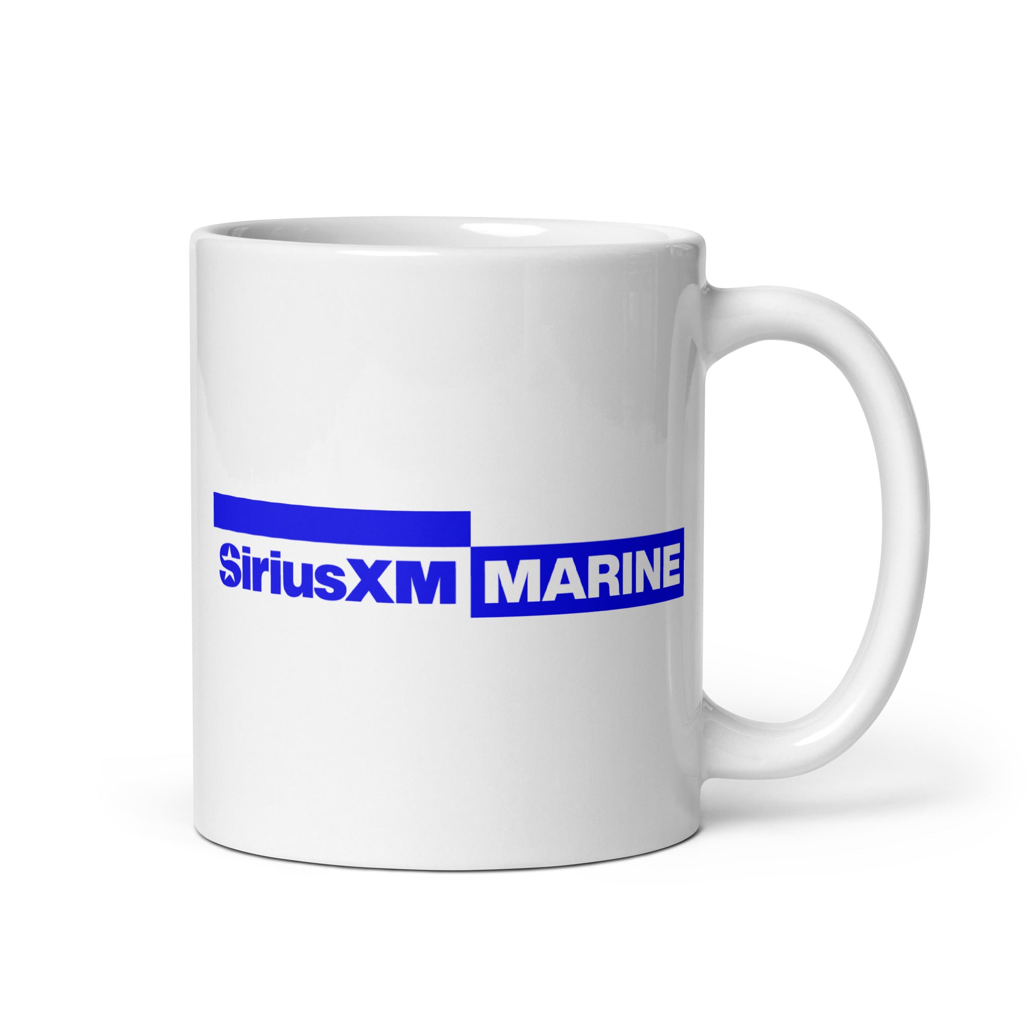 White mug with blue 'SiriusXM MARINE' logo printed on it.