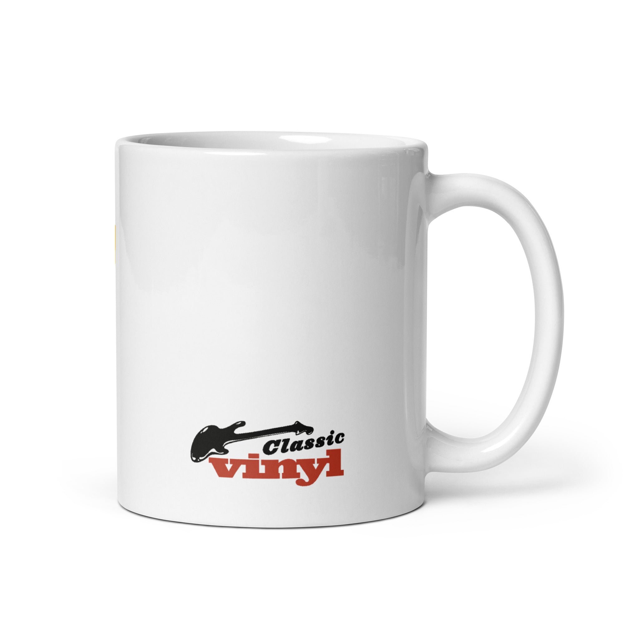 Right-side view of a white ceramic mug with the 'Classic Vinyl' logo printed near the handle, showing a black guitar silhouette above the word 'vinyl' in red text.
