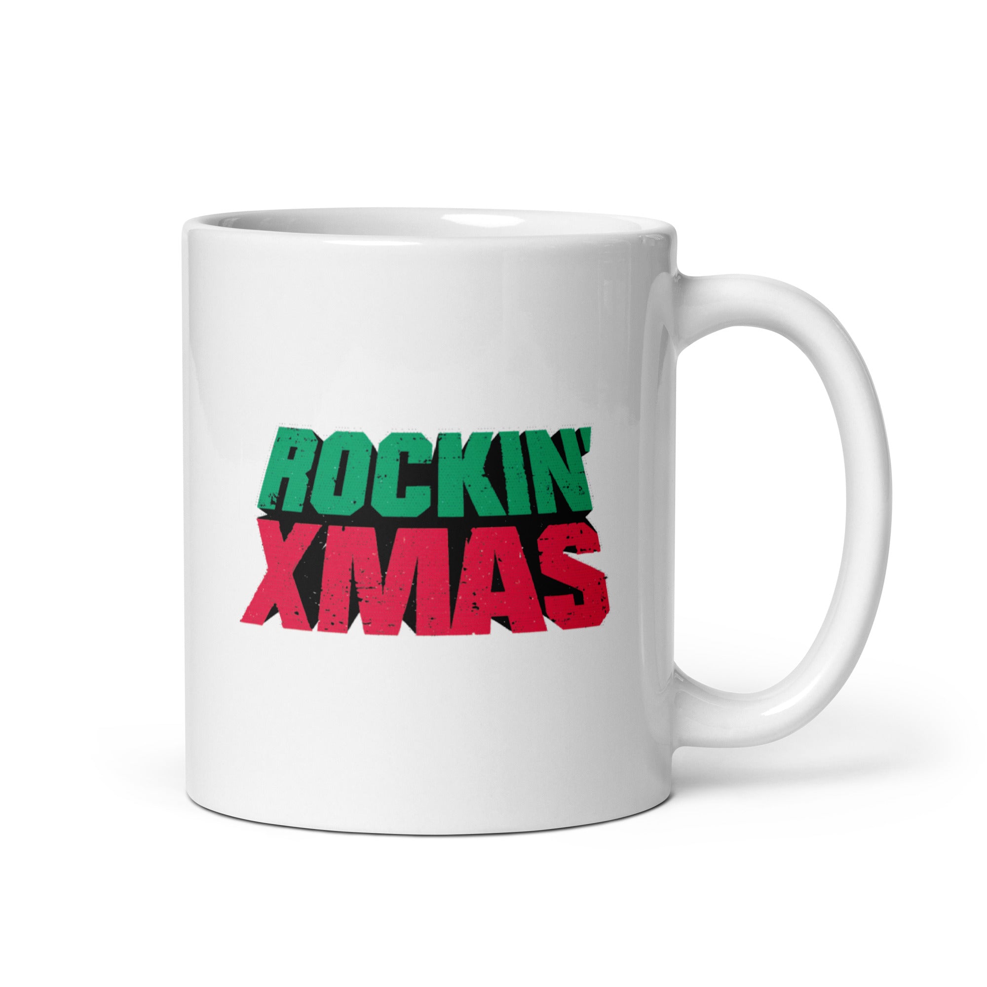 White ceramic mug featuring the green and red distressed text ‘ROCKIN’ XMAS’ on a plain white background.