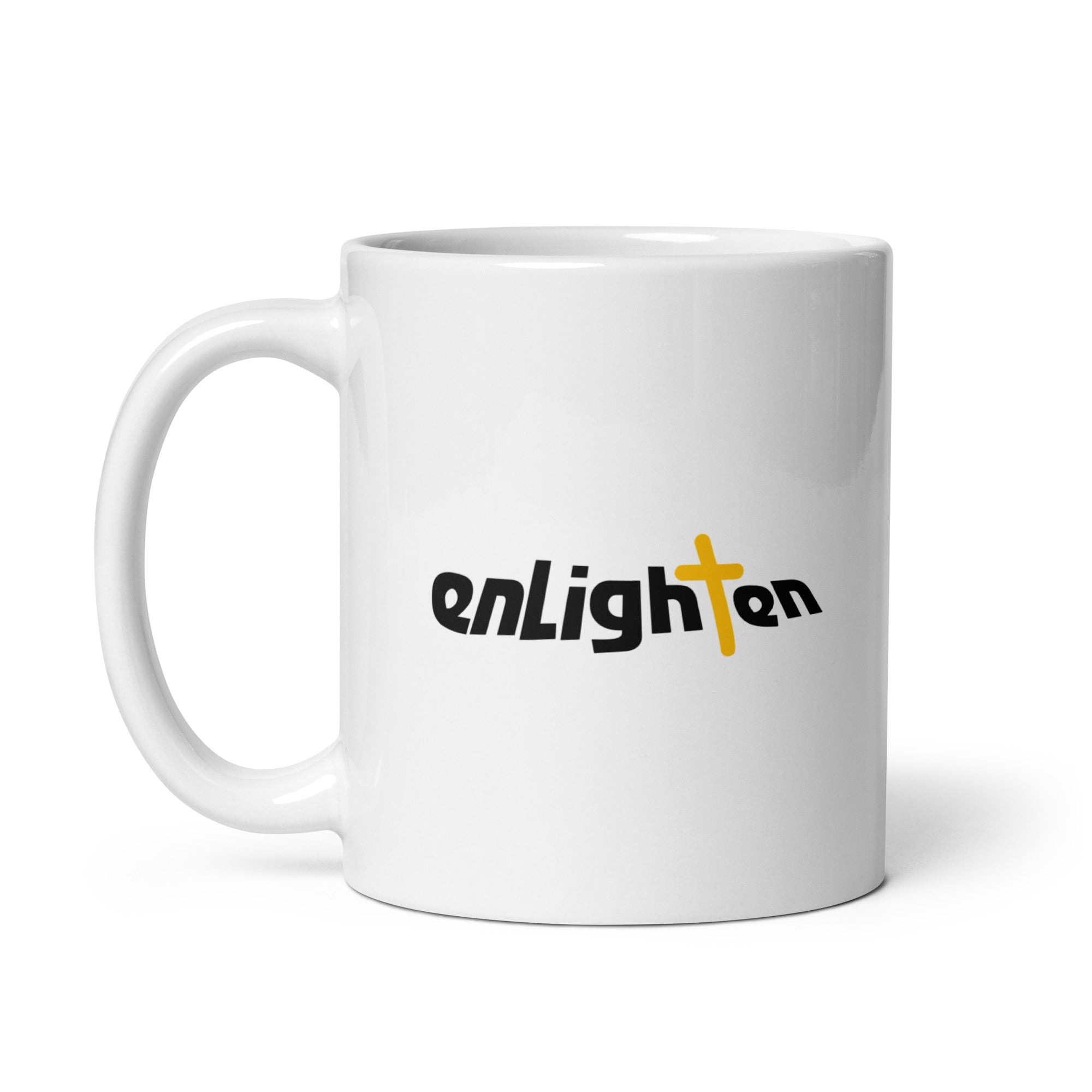 White mug with the word 'enlighten' in black and yellow text, featuring a cross symbol in place of the 't'.