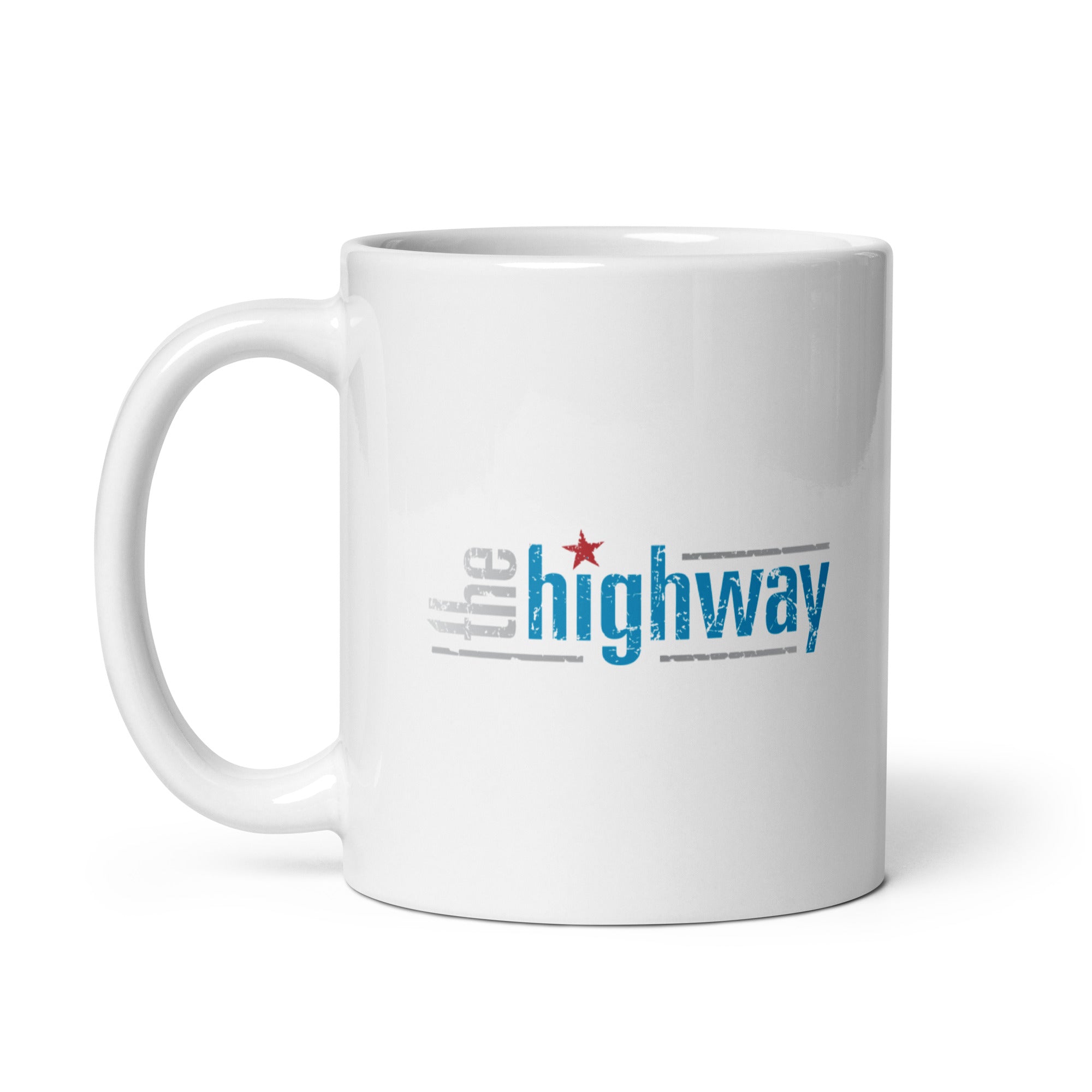 White mug featuring the text 'the highway' in blue, gray, and red colors, with a star element.