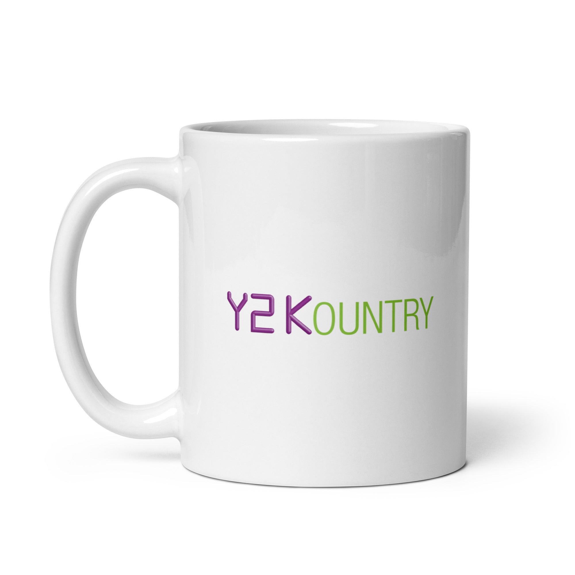 White mug with the text 'Y2KOUNTRY' in vivid purple and green letters.