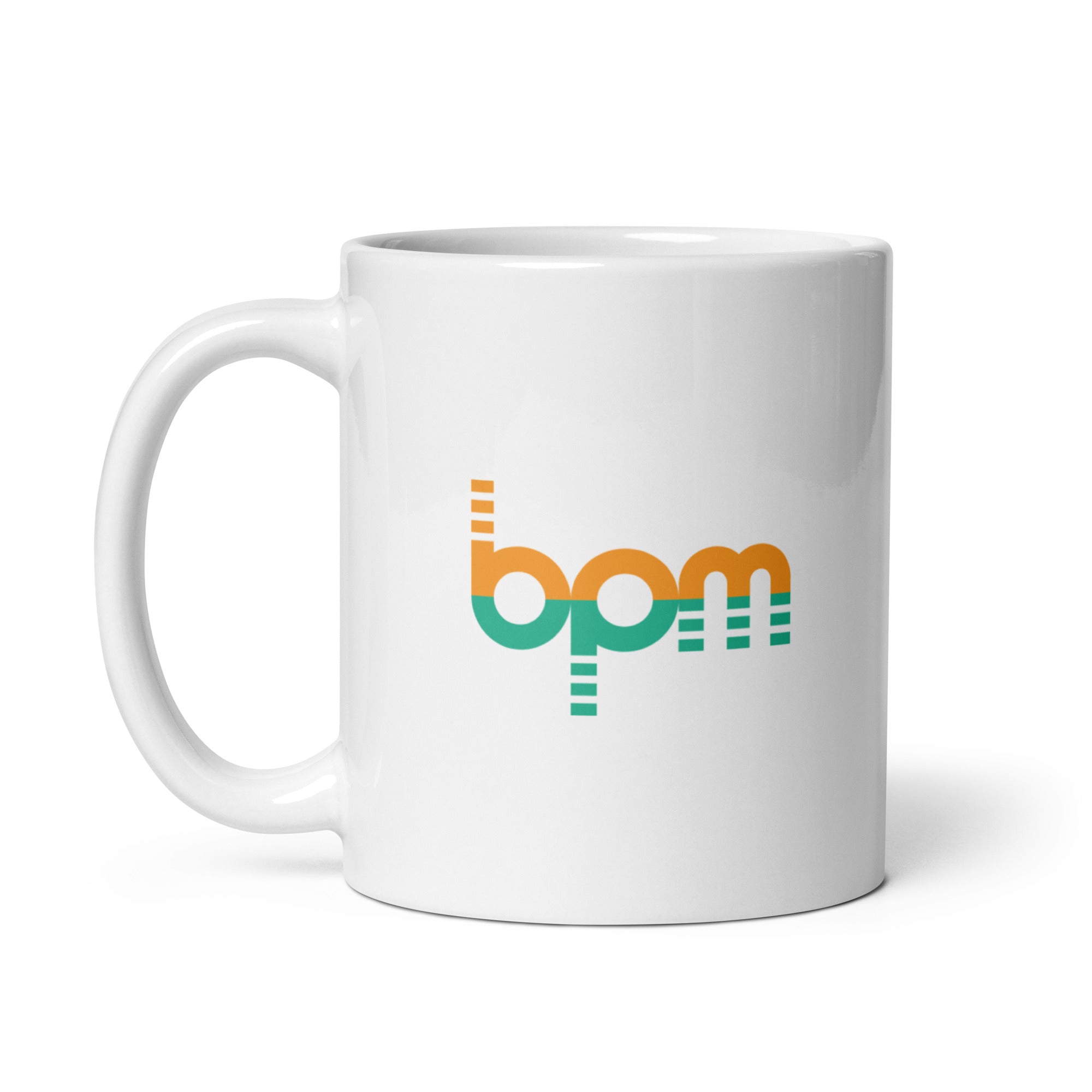 White mug featuring the stylized text 'bpm' in orange and green colors.