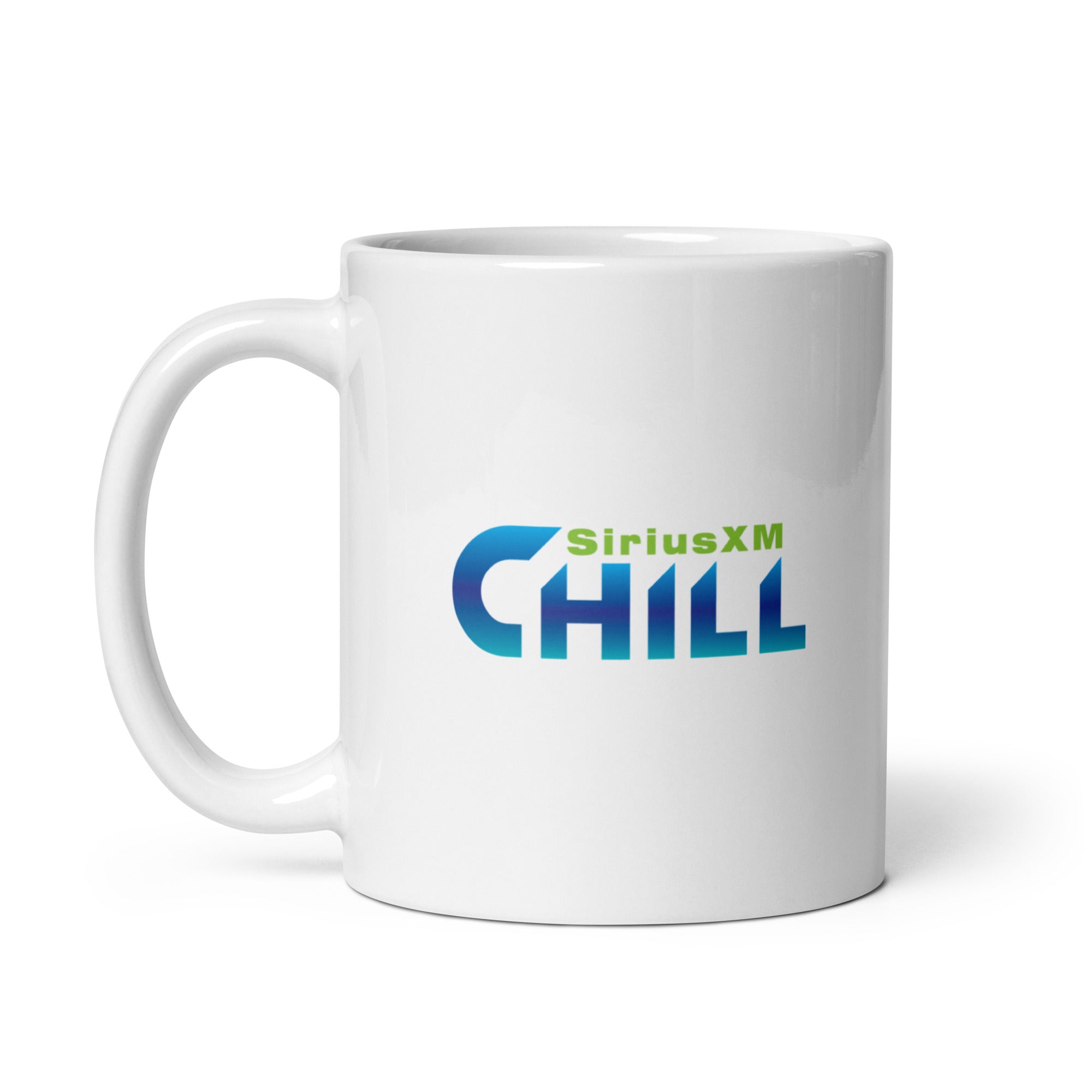 White mug with 'SiriusXM CHILL' logo in blue and green text.