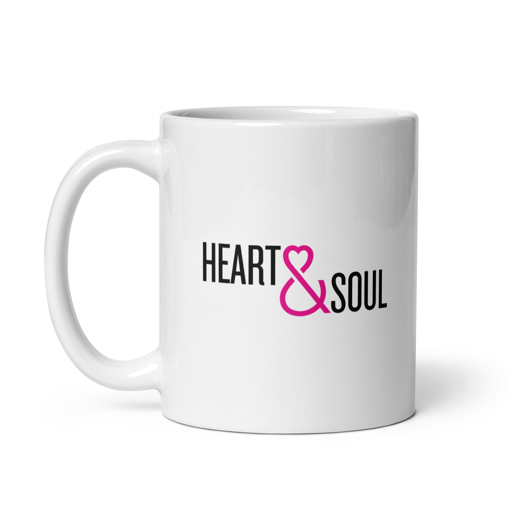 White coffee mug with the text 'HEART & SOUL' in black and pink.