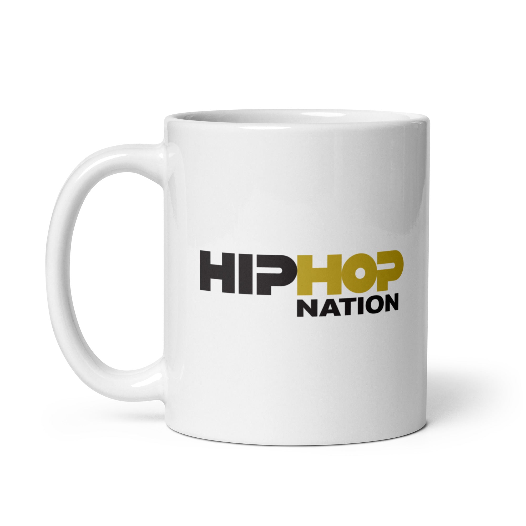 White mug with the text 'HIP HOP NATION' in black and gold lettering.