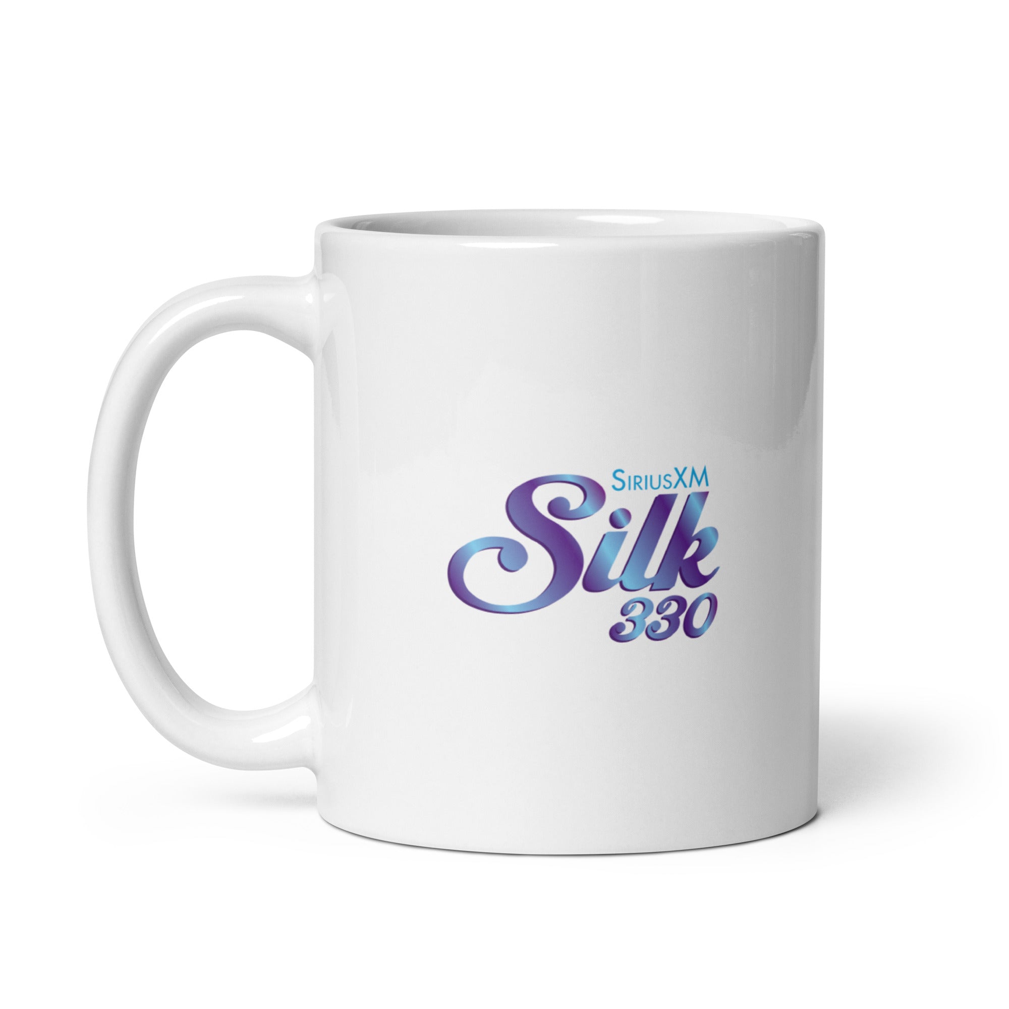 White mug featuring the text 'SiriusXM Silk 330' in blue and purple stylized font.