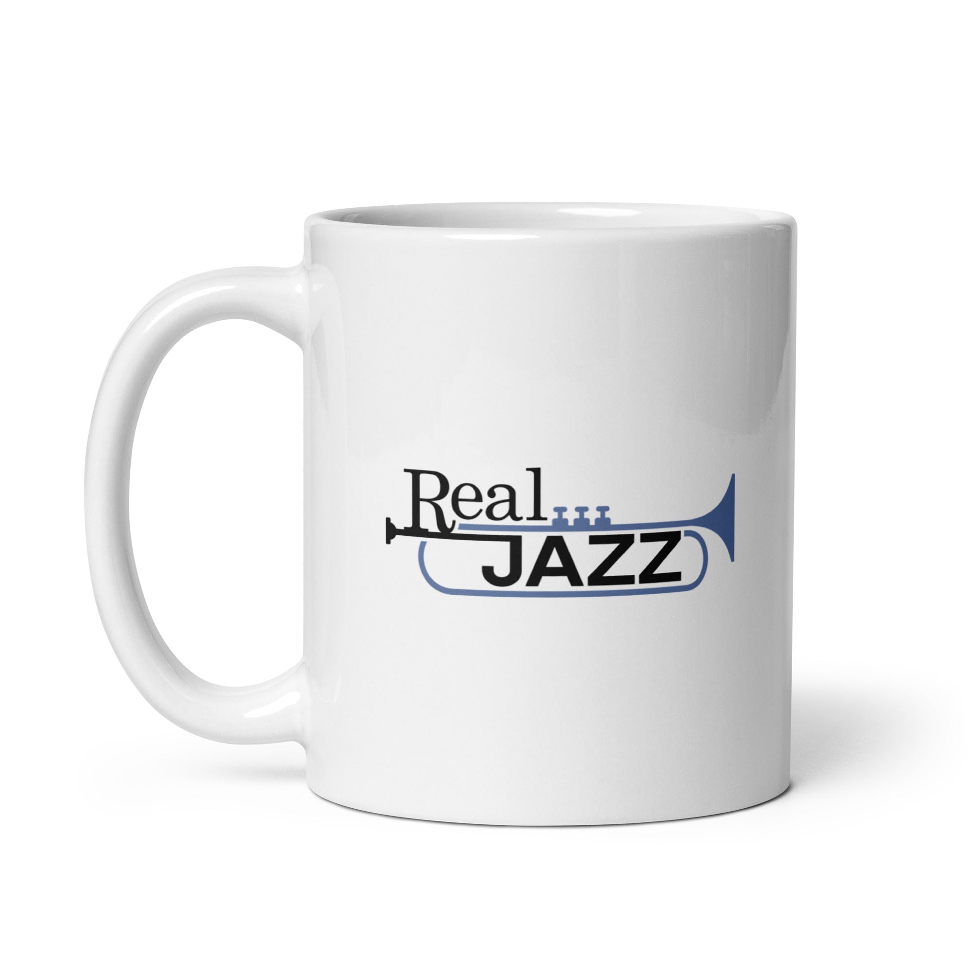 White mug featuring the text 'Real JAZZ' in black and light blue and trumpet illustration.