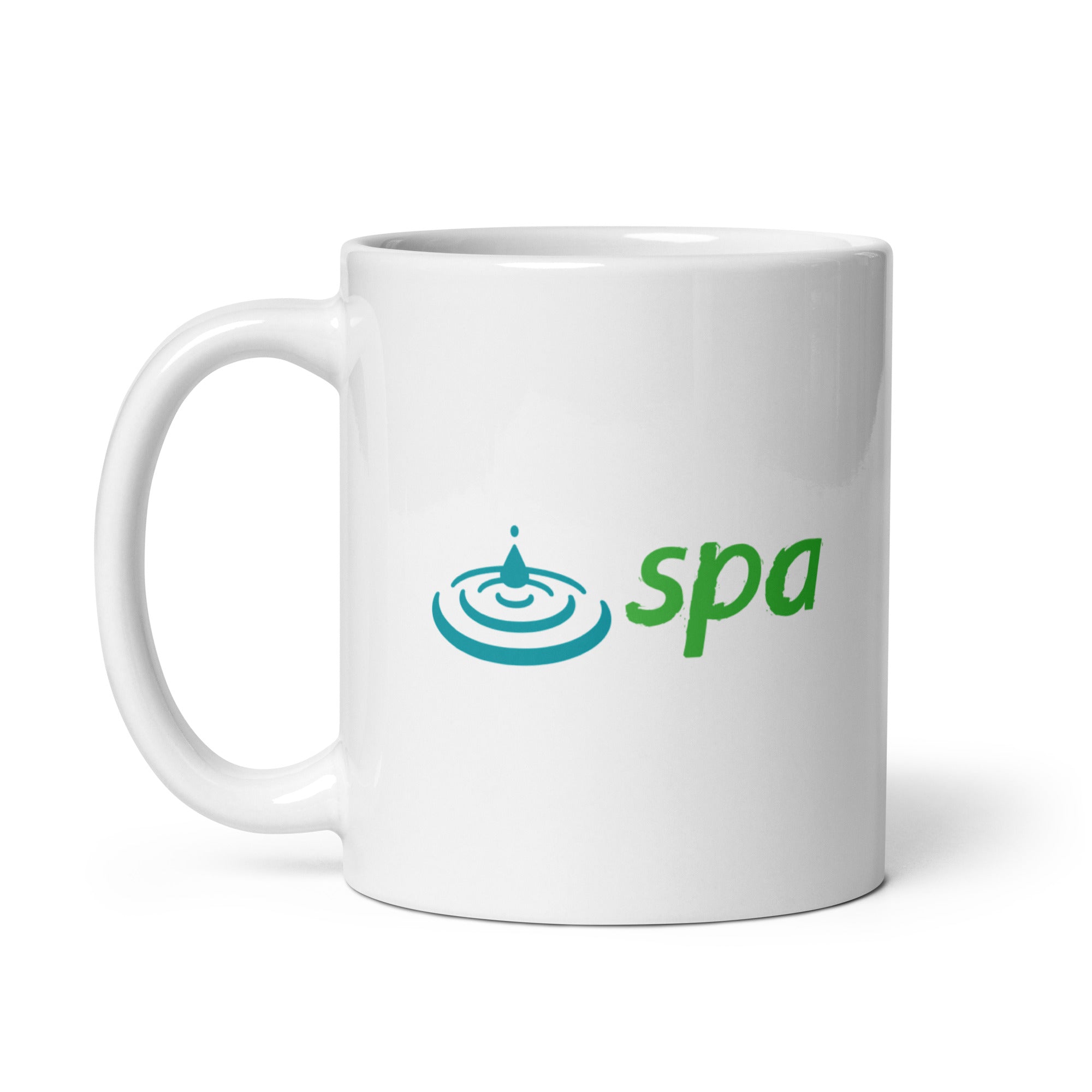 White mug with a blue water droplet and the word 'spa' in green.