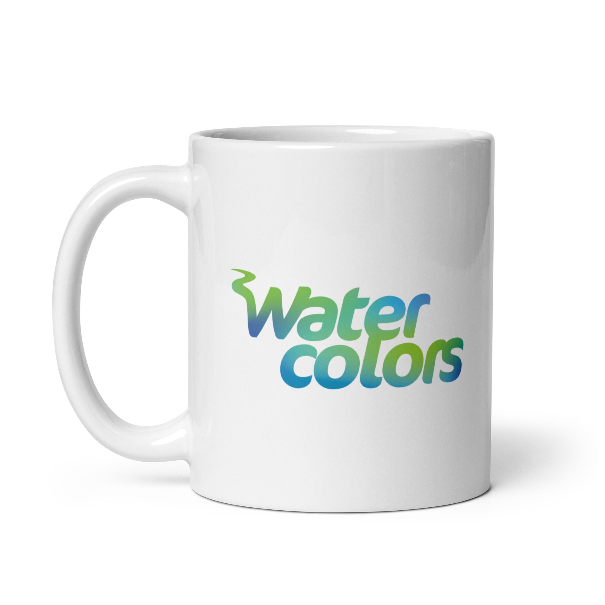 White mug featuring the text 'Water colors' in green and blue gradient lettering.