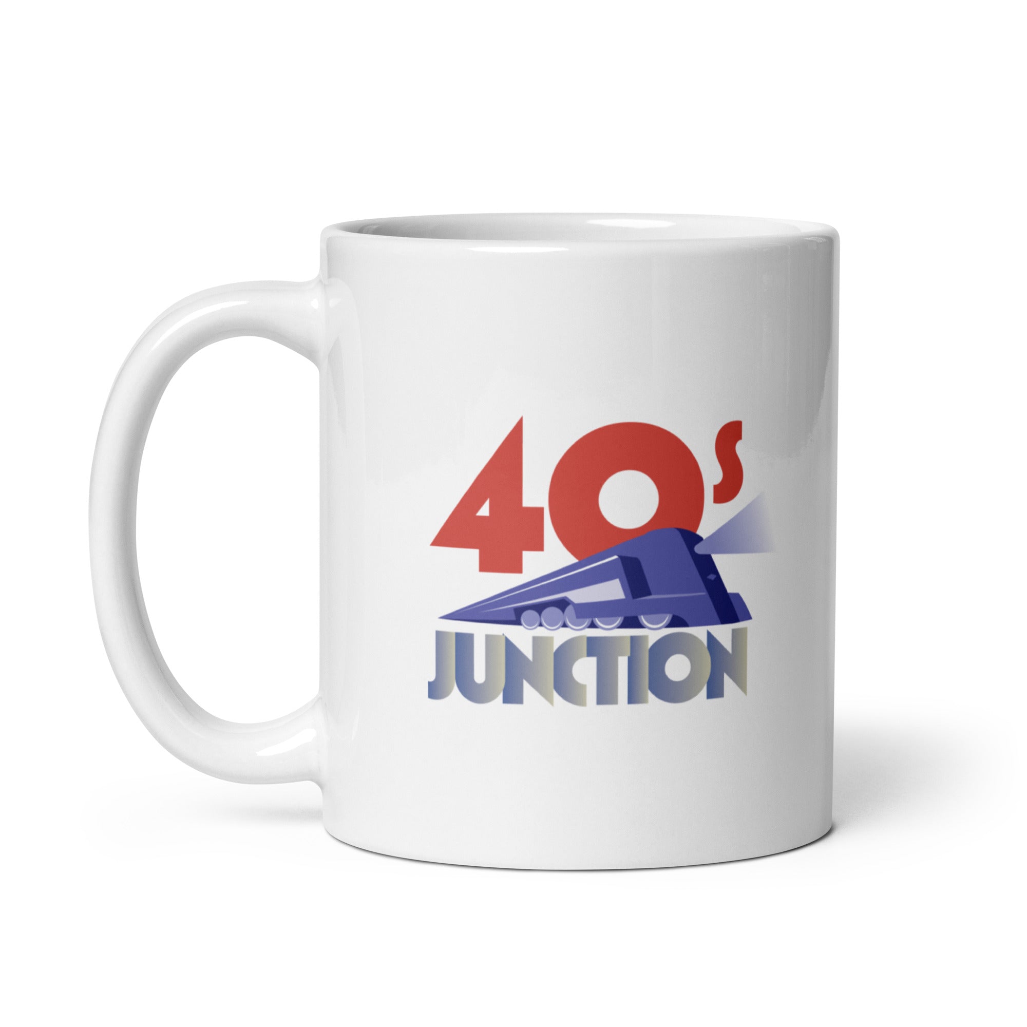 A white mug featuring retro-style text '40's JUNCTION' with a blue train illustration.