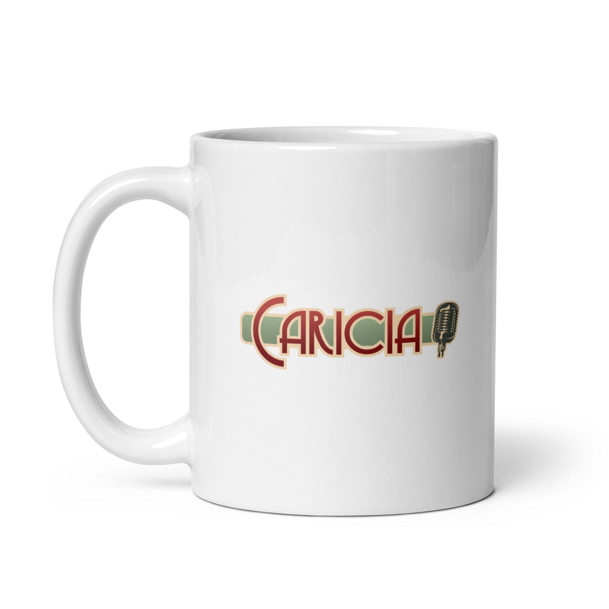 White coffee mug with the word 'CARICIA' in ruby and gren and a microphone graphic in red and green design.