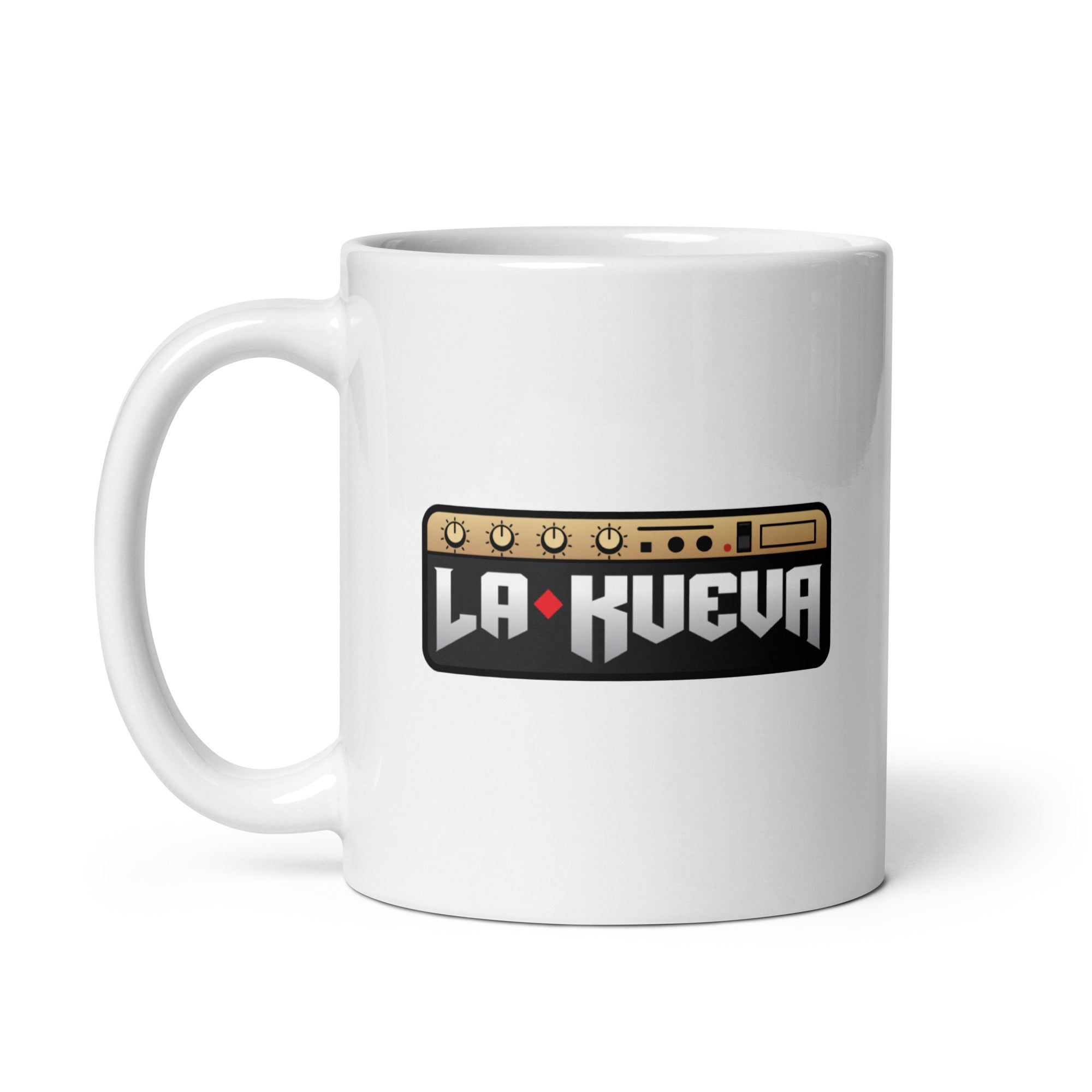 White mug featuring the logo 'LA KUEVA' with a stylized design and knobs graphic on top.
