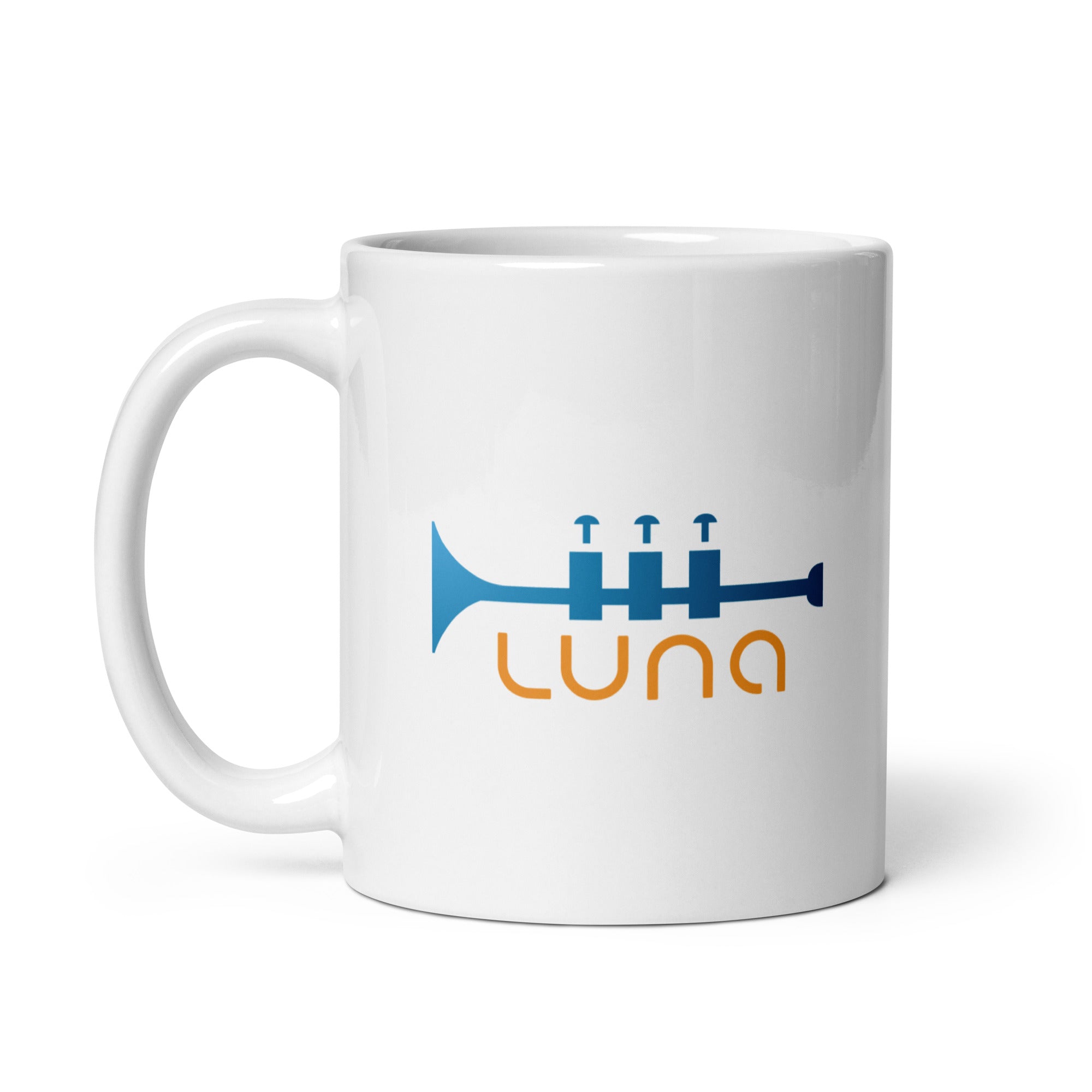 White coffee mug featuring a blue trumpet graphic and the word 'LUNA' in orange.