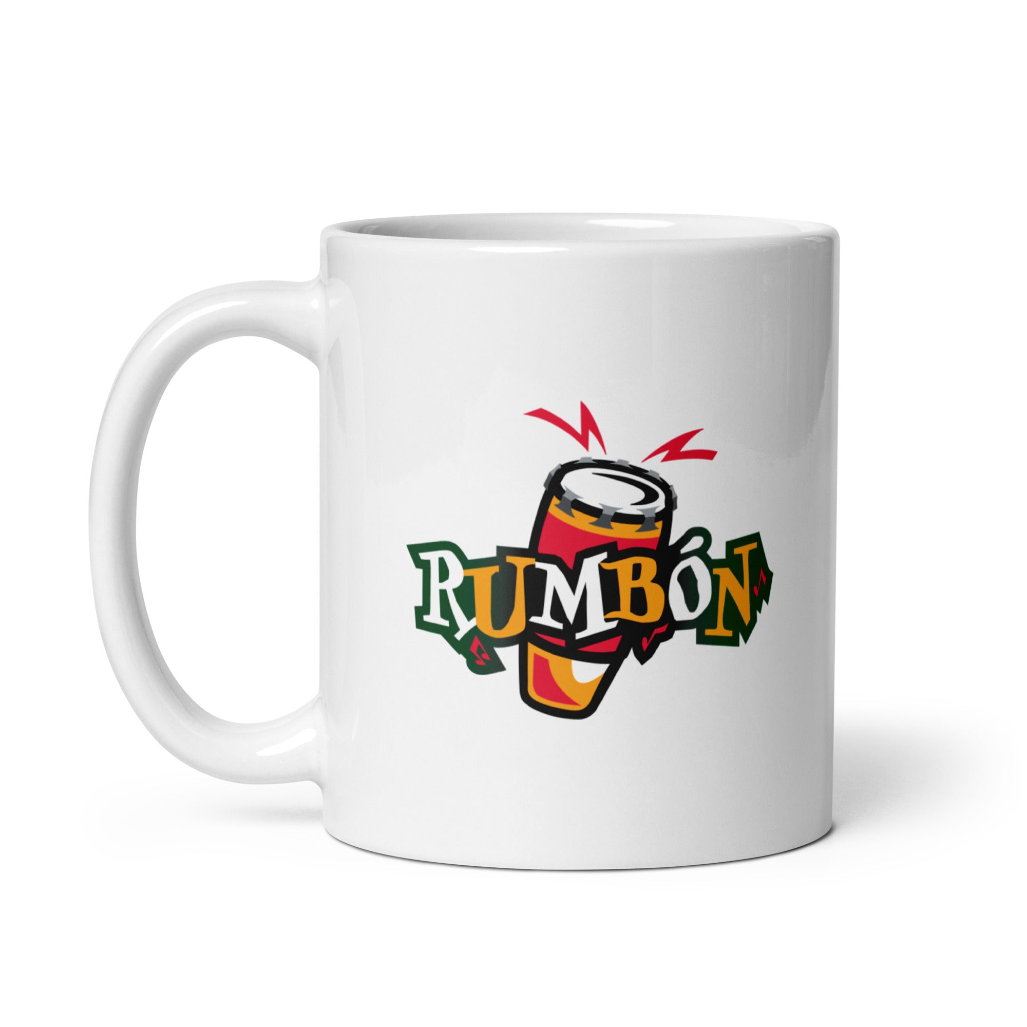 White mug featuring a colorful 'RUMBÓN' design with a drum and vibrant accents.