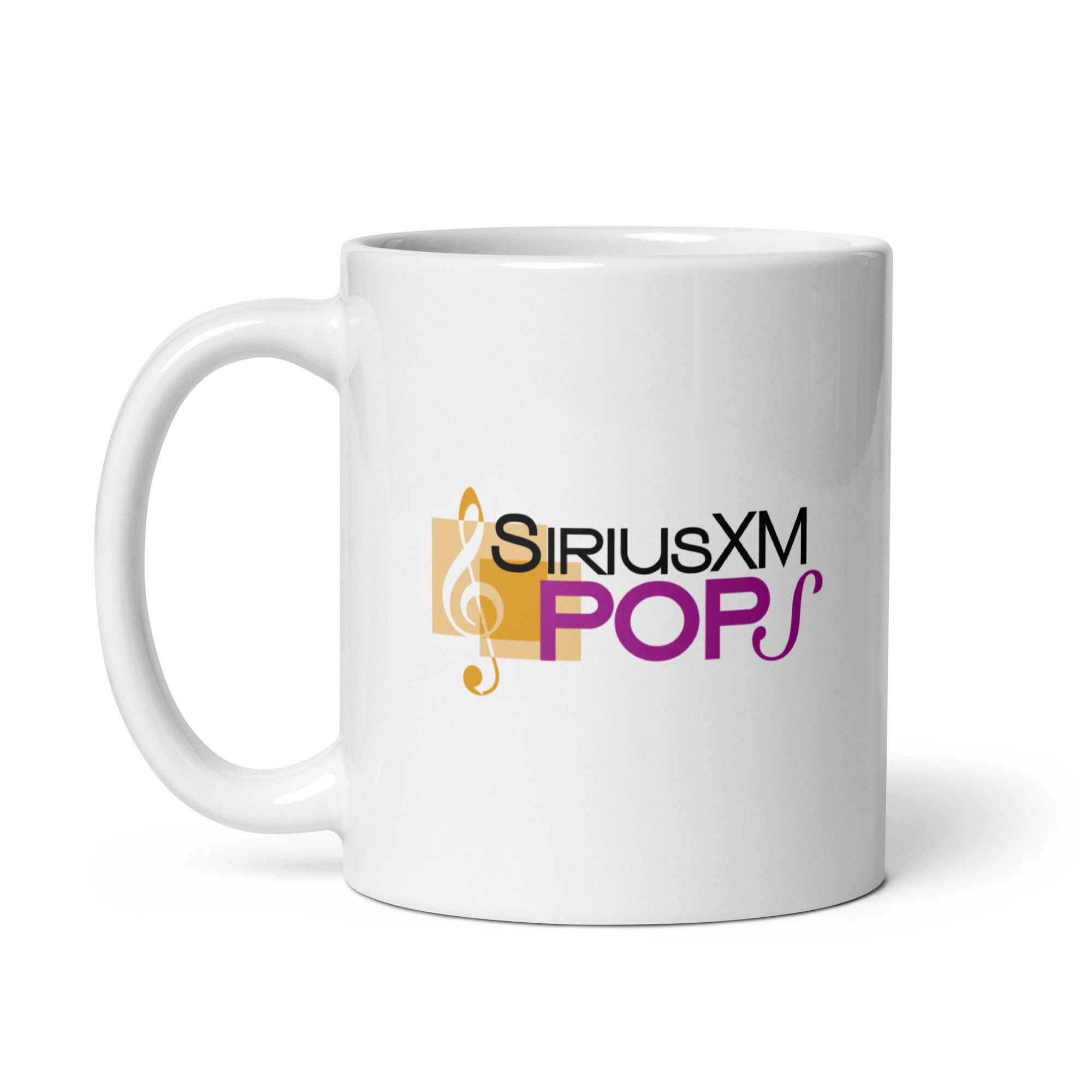White mug featuring the 'SiriusXM Pops' logo in orange and purple with musical note.