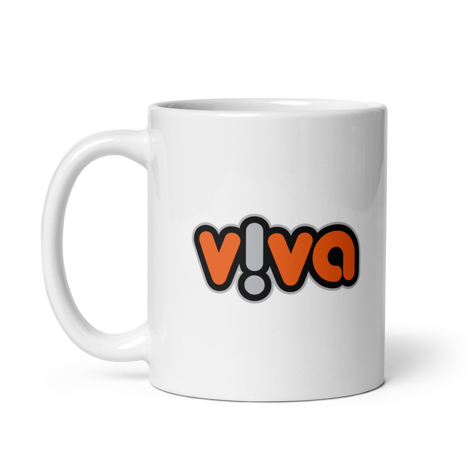 White coffee mug featuring the word 'viva' in bold black and orange font.