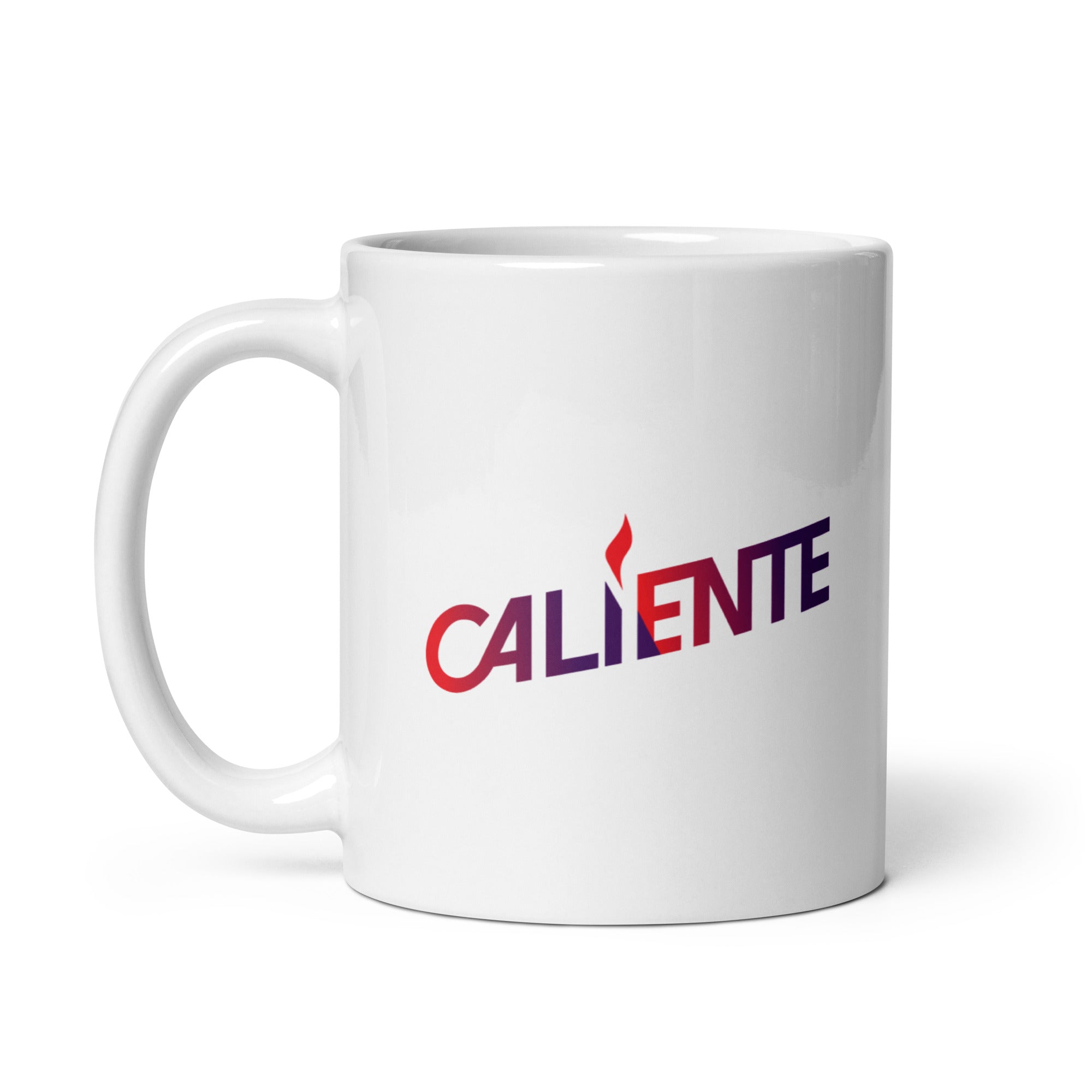 White mug featuring the word 'CALIENTE'  in vibrant red to purple gradient letters.
