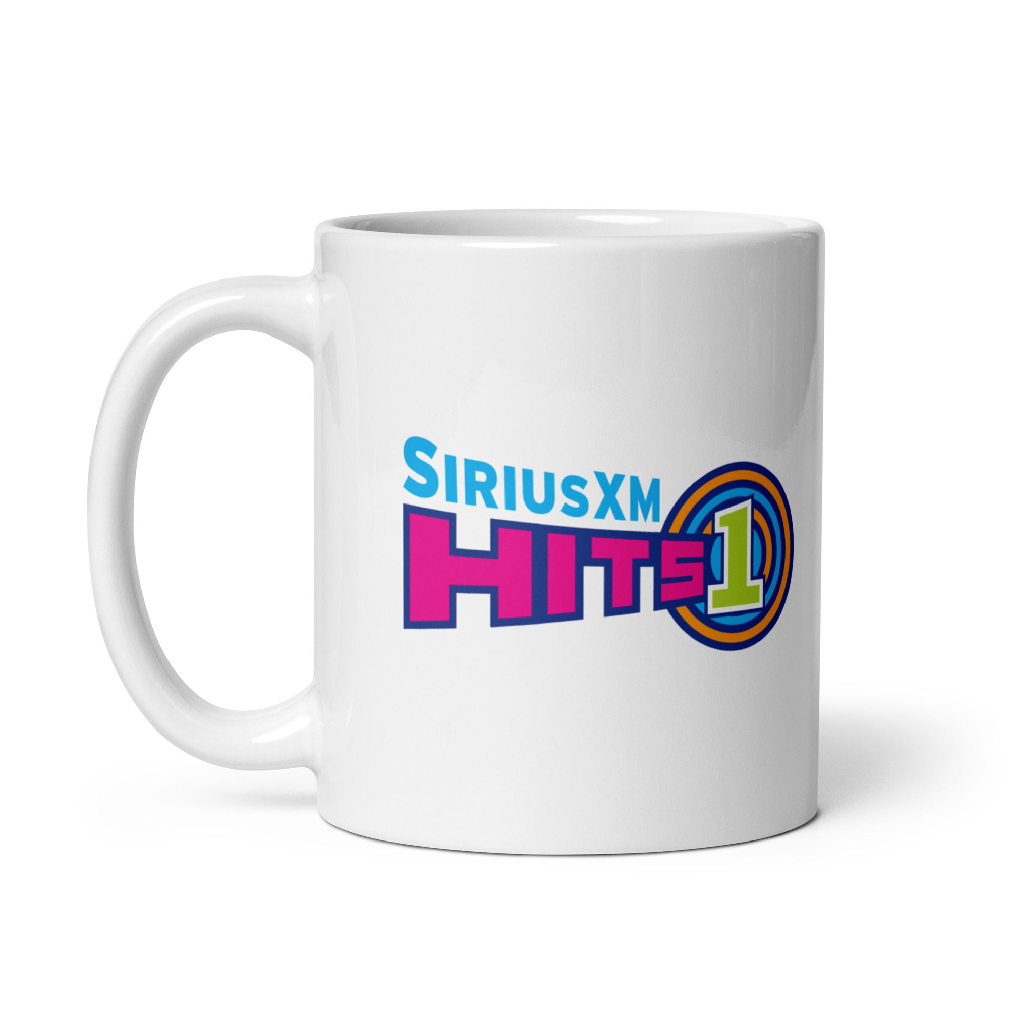 White coffee mug featuring the 'SiriusXM Hits 1' logo with vibrant colors. Colors include pink, purple, orange and vivid green.