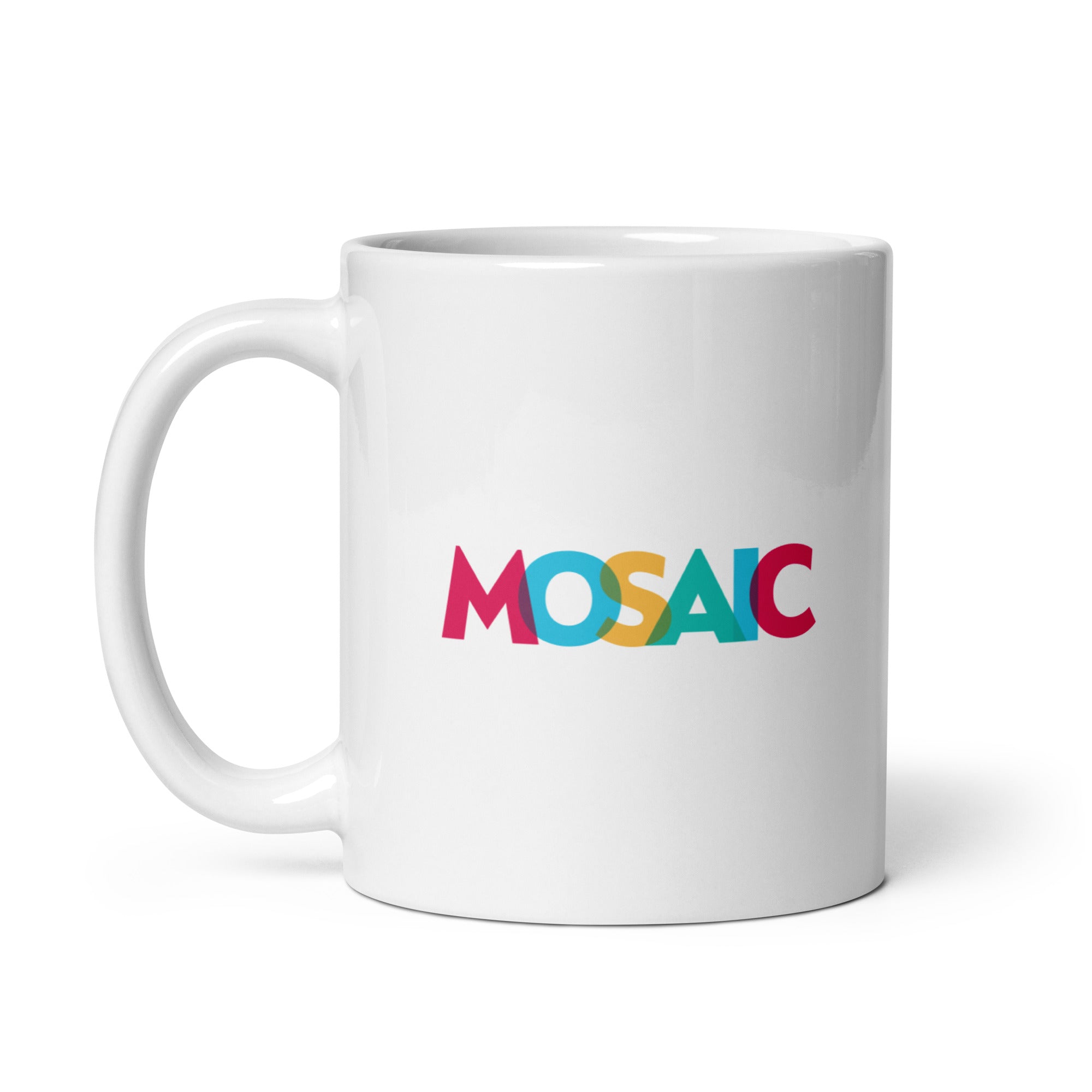 White mug featuring the colorful word 'MOSAIC' in bold letters in cranberry, blue, yellow, and tourquise.