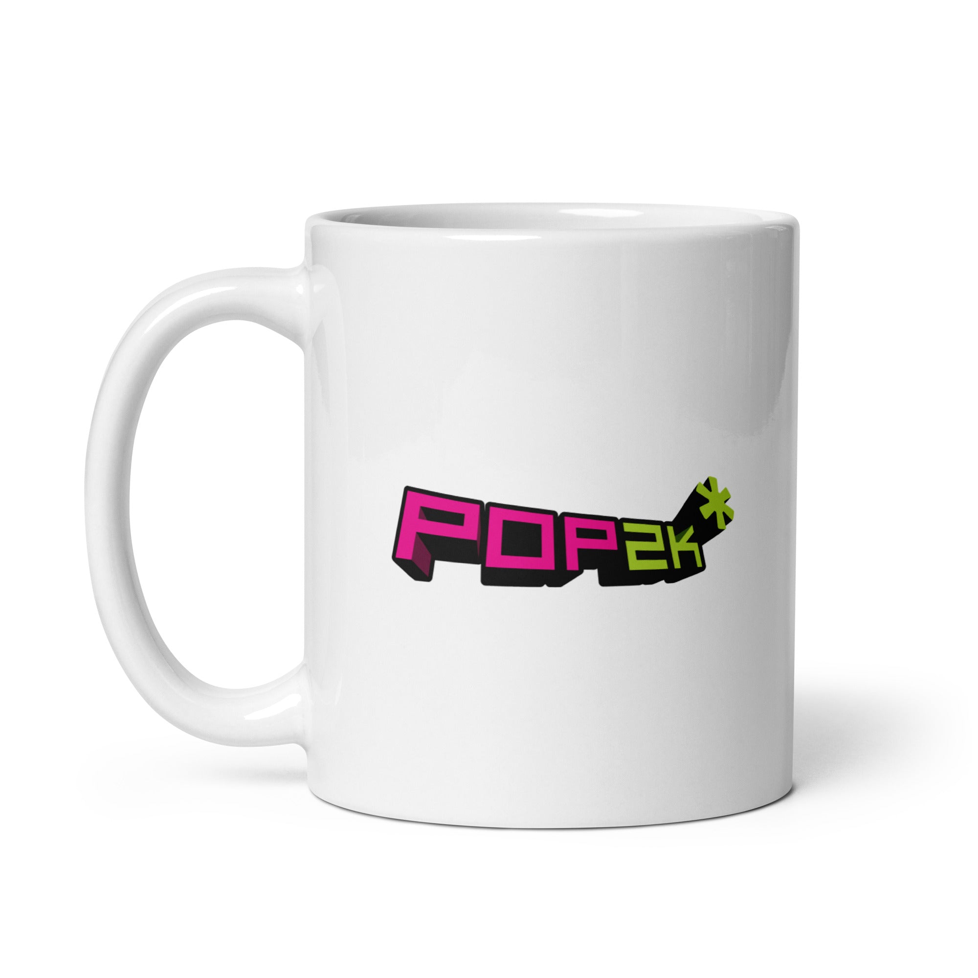 White mug featuring the text 'POP2K' in bold pink and green stylized lettering.