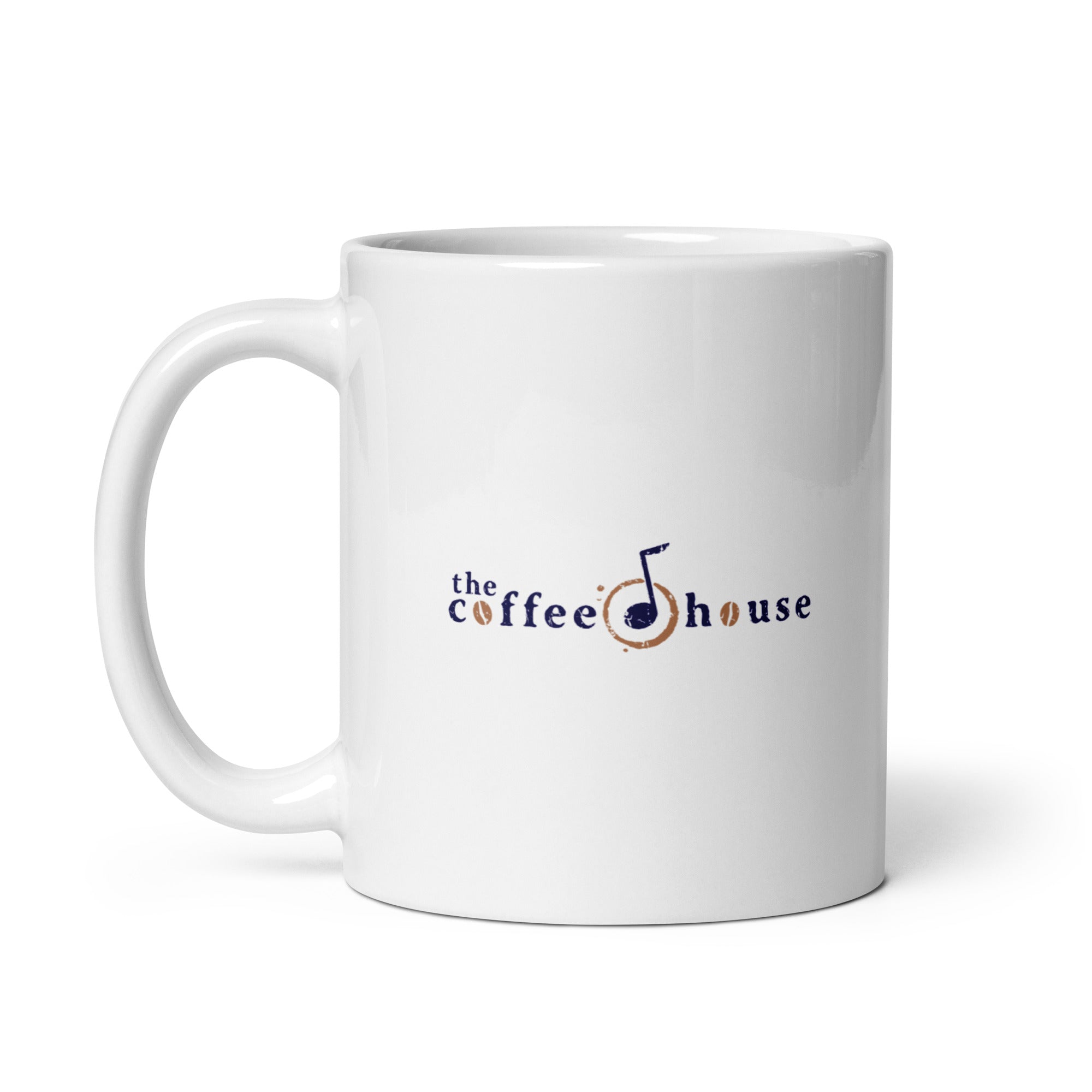White coffee mug with 'the coffee house' logo featuring a musical note and coffee bean design.