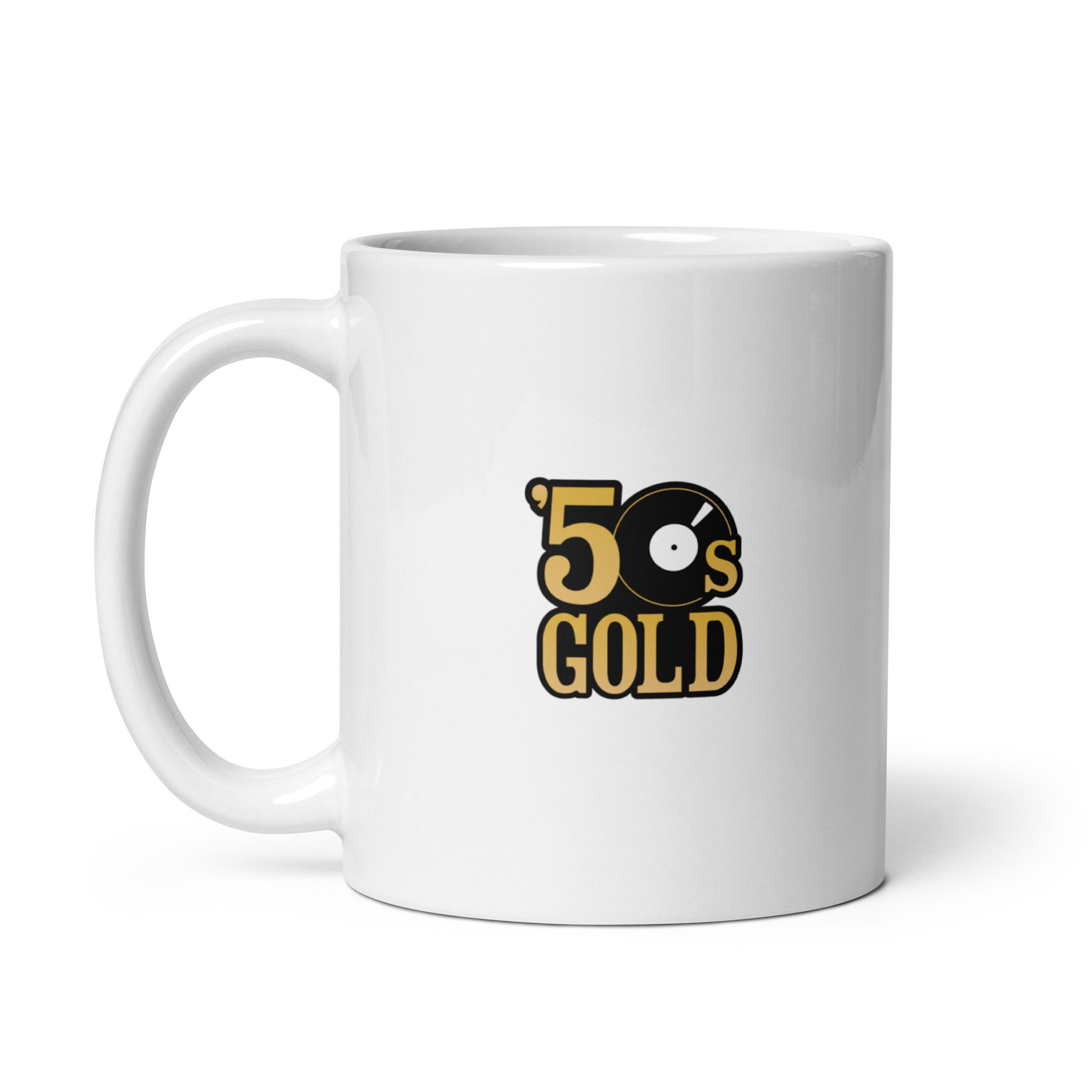 White mug featuring the text ''50s GOLD' with a vinyl record graphic in black and gold..