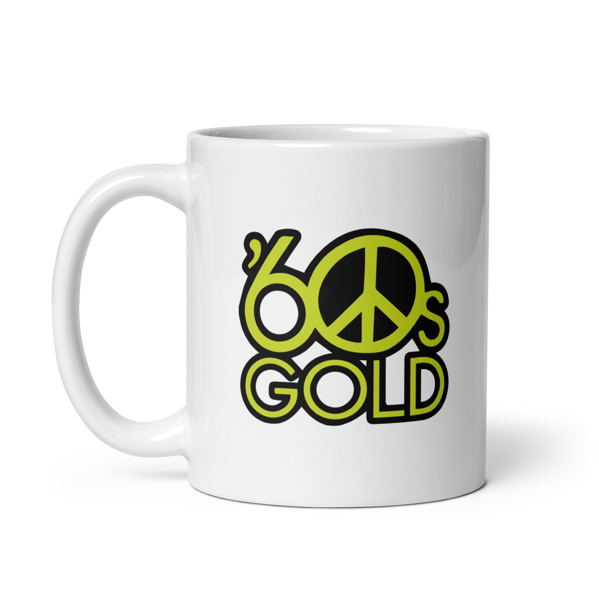 White mug featuring the text '60s GOLD' with a peace symbol in bright green and black.