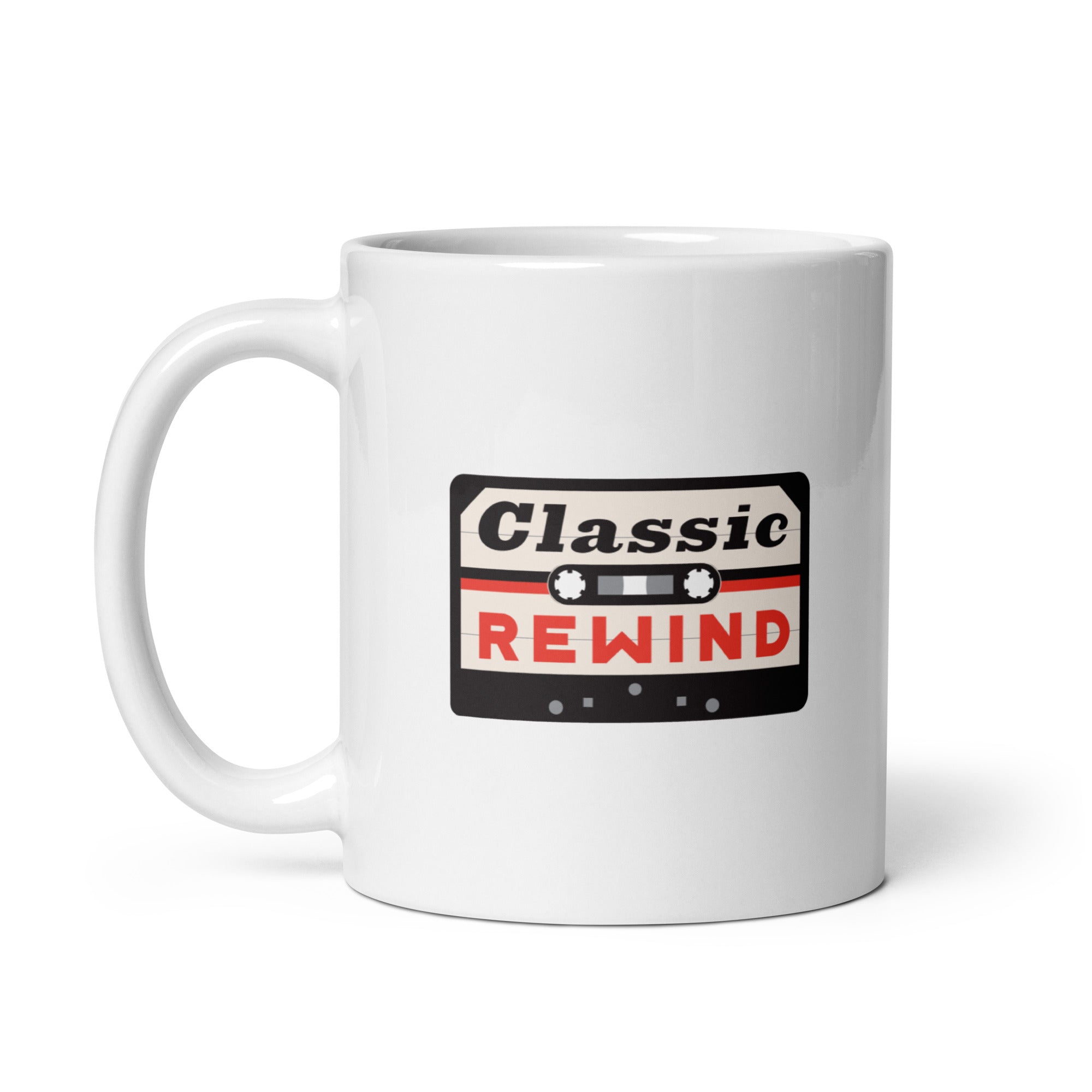 White mug featuring a graphic of a cassette tape with the text 'Classic REWIND' in red, white and black.