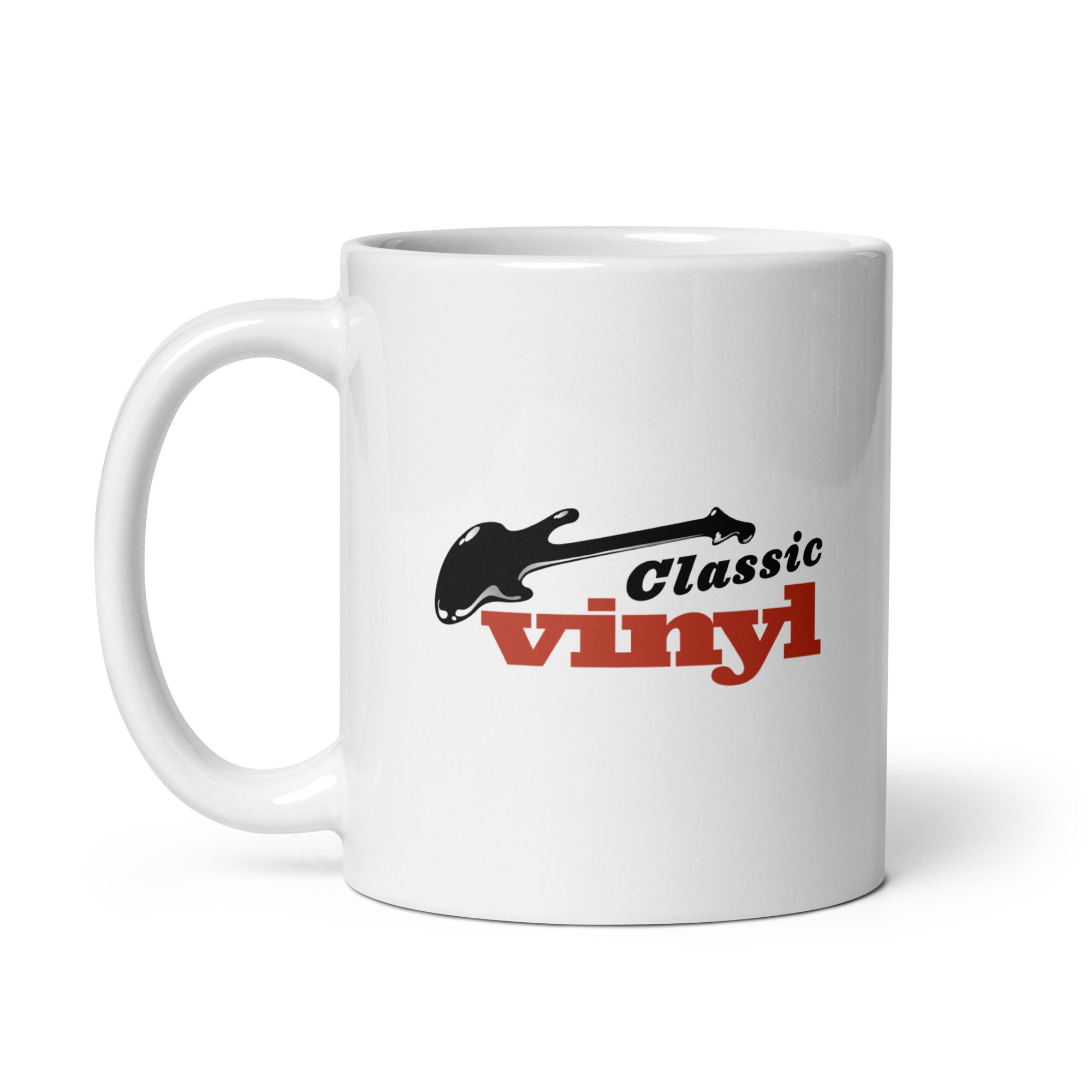 White mug featuring a black guitar graphic and the words 'Classic vinyl' in black and red stylized text.