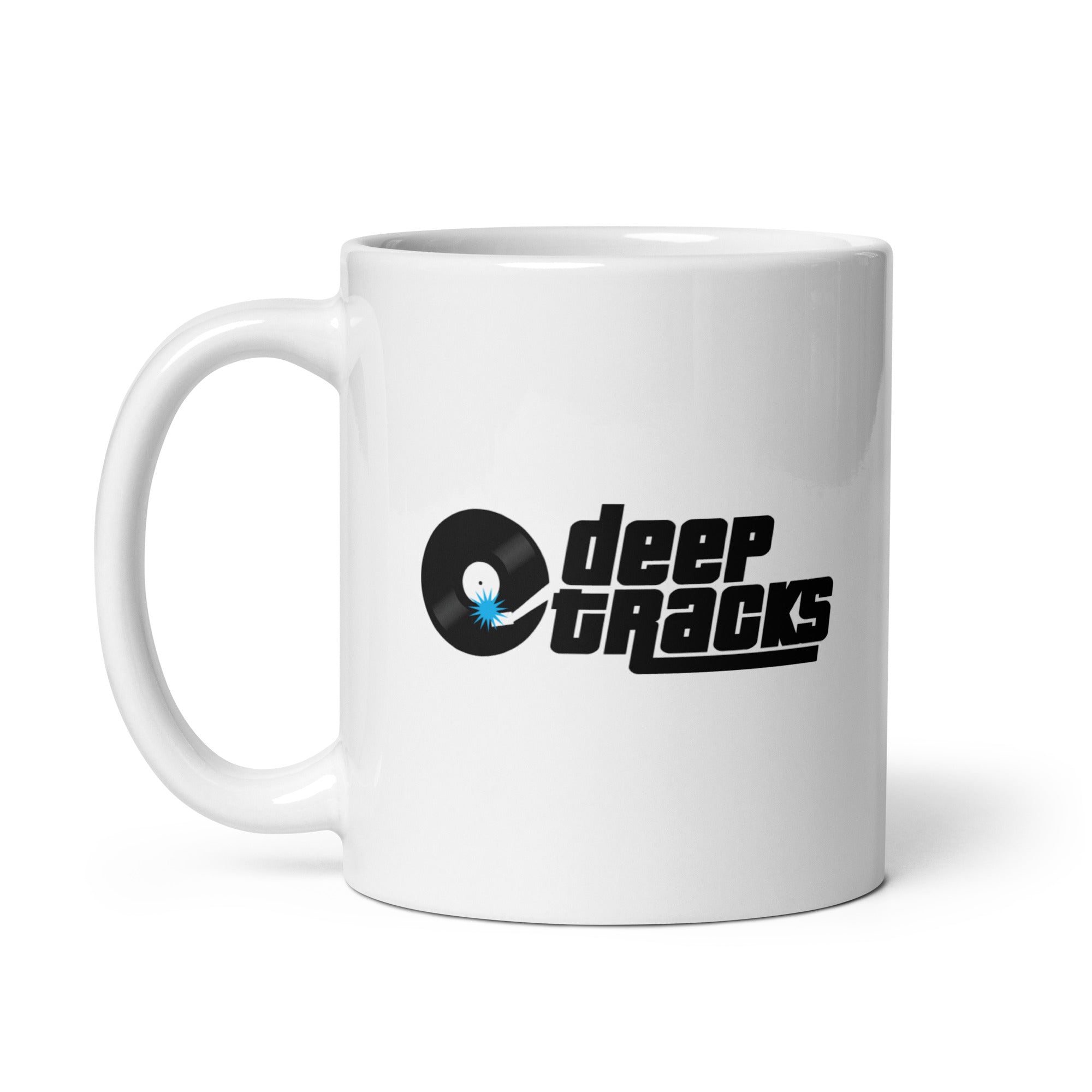 White mug featuring the logo of 'deep tracks' with a vinyl record design and stylized text.