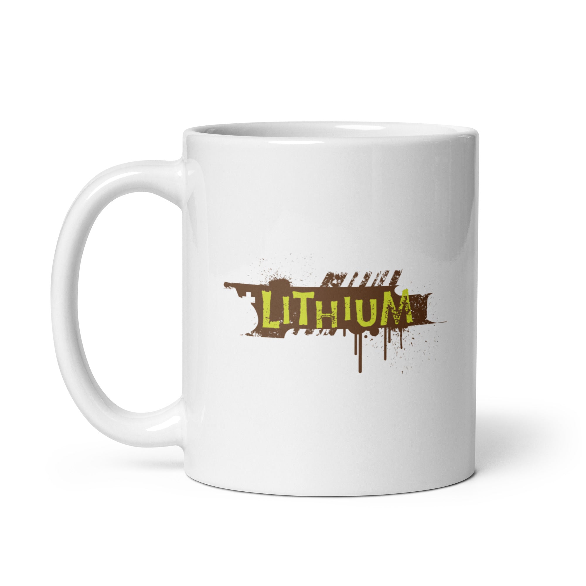 White mug featuring the word 'LITHIUM' in yellow and brown design.