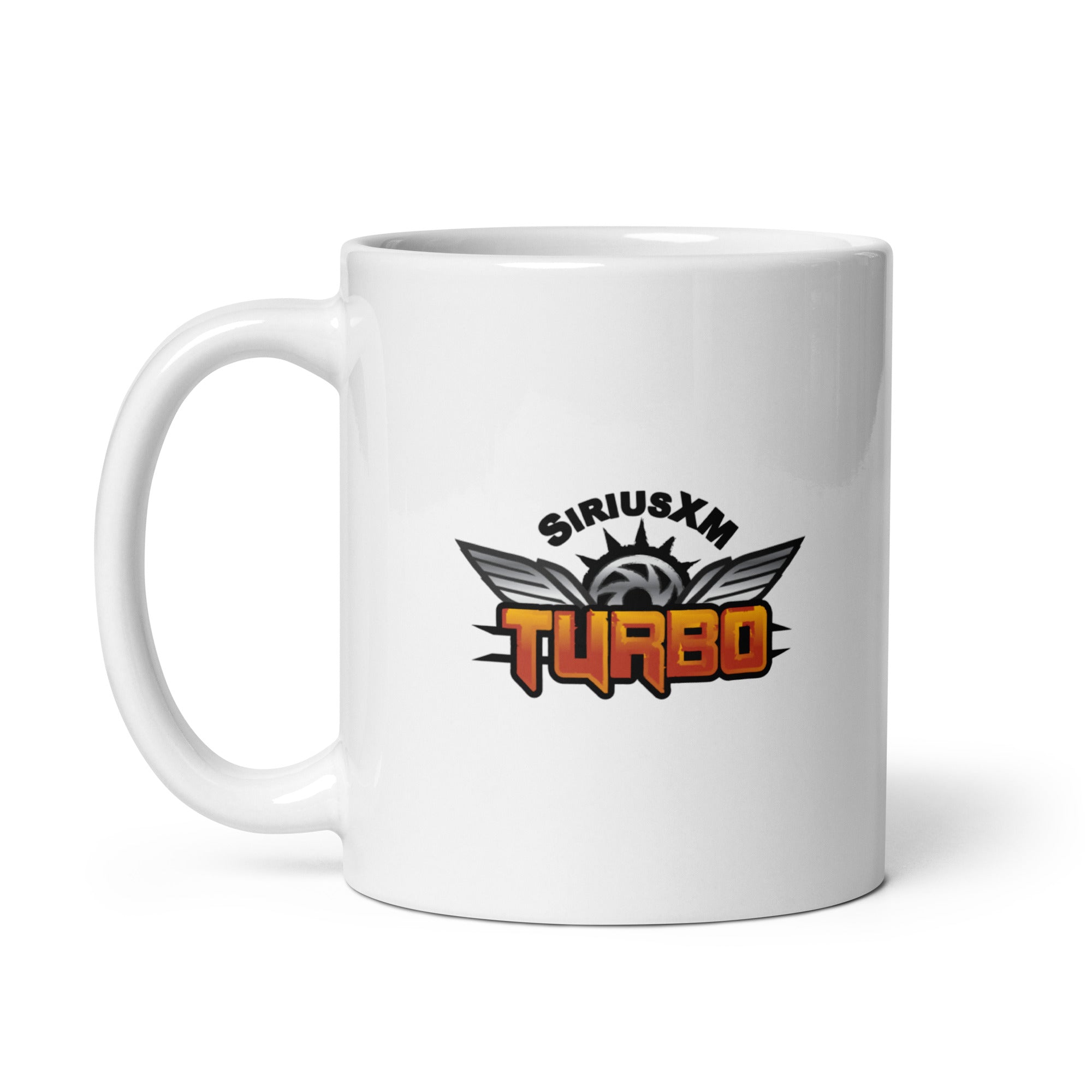 White mug featuring the 'SiriusXM Turbo' logo with wings and a wheel design.