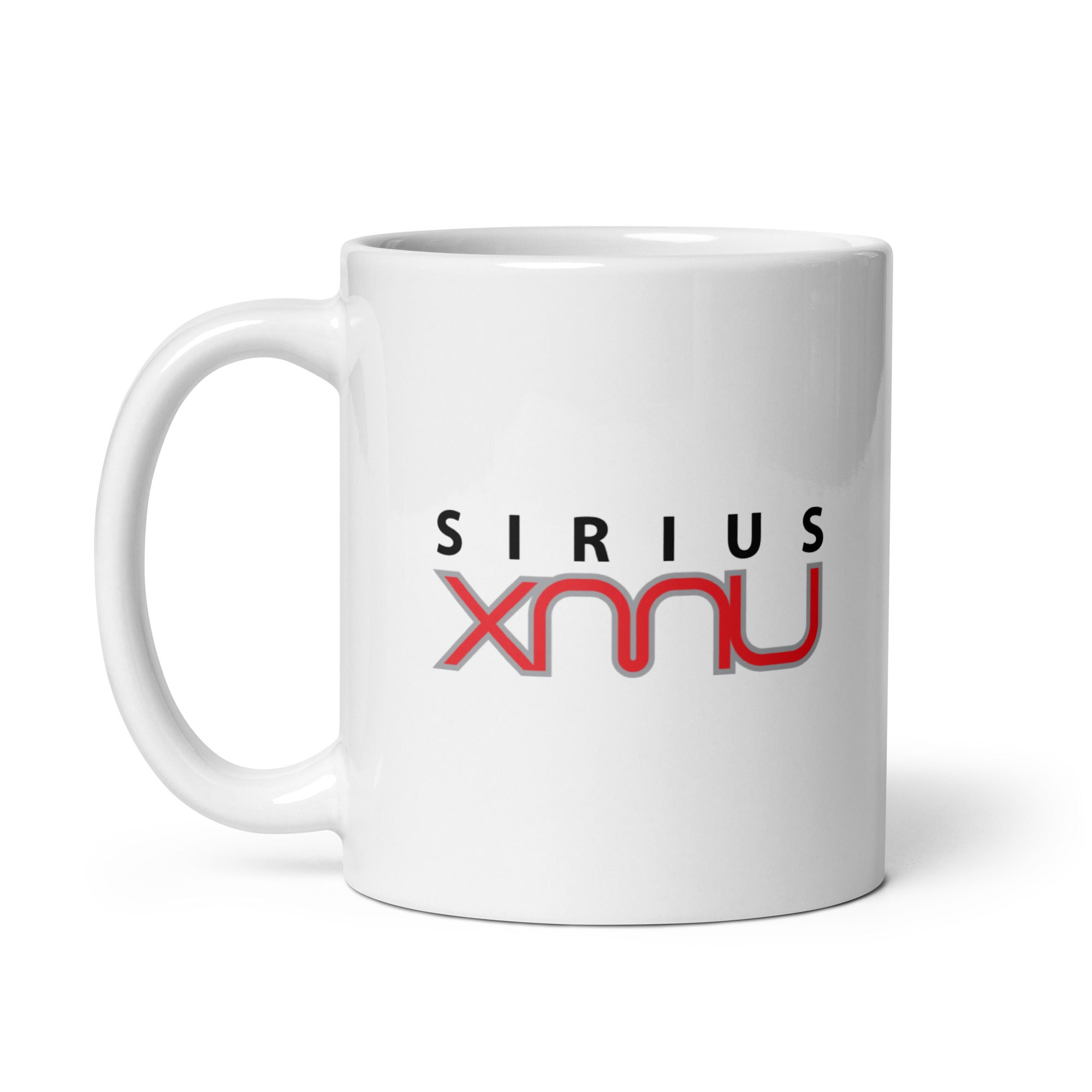 White mug with 'SIRIUS XMU' logo in black and red lettering.