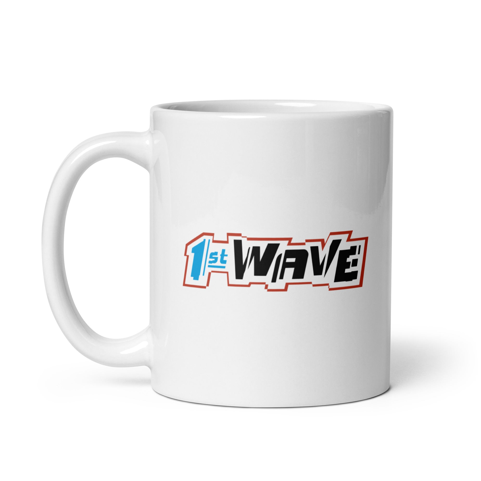 White mug with the text '1st WAVE' in bold, black and blue letters and red outline.