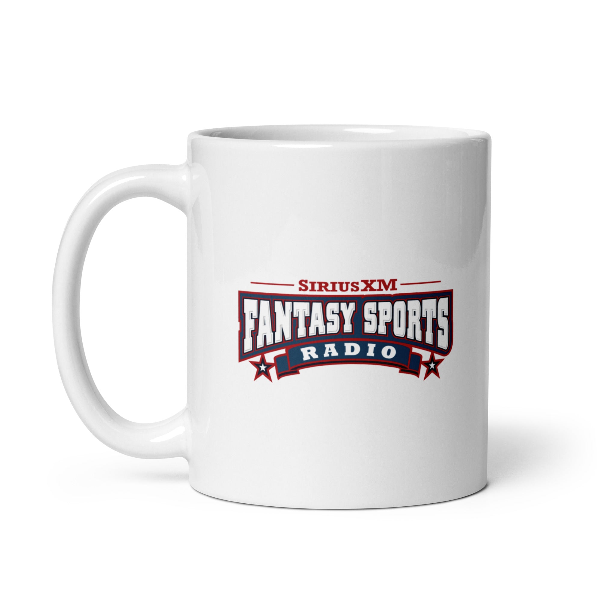 White mug featuring the 'SiriusXM Fantasy Sports Radio' logo in red, blue, and white.