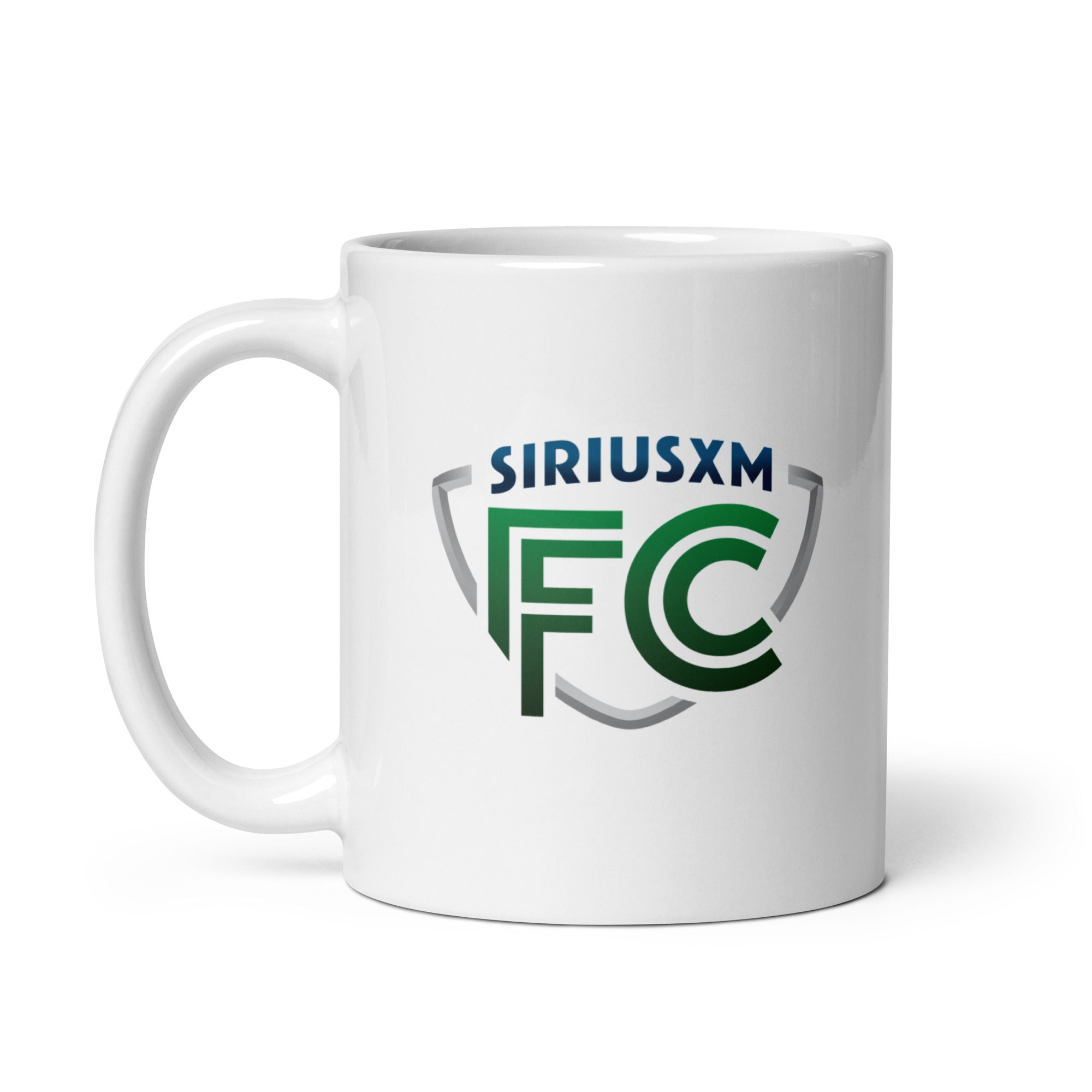 Coffee mug featuring the 'SiriusXM FC' logo in blue, green and grey.