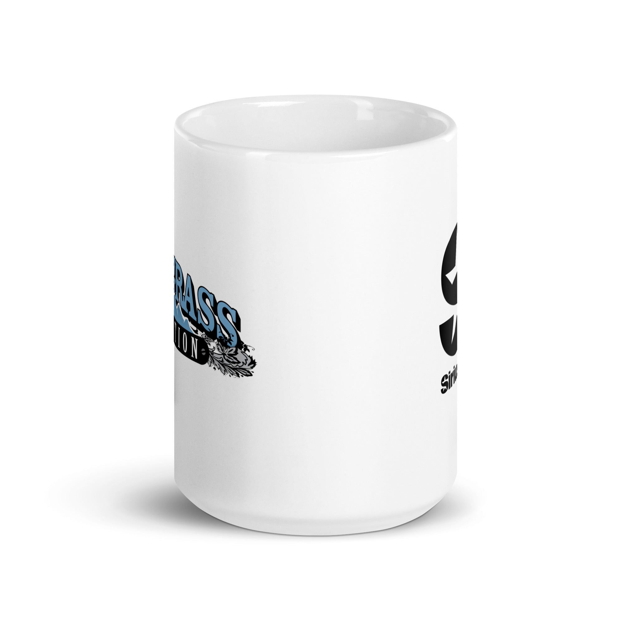 Side view of white ceramic mug, with partially visible front and back logos.