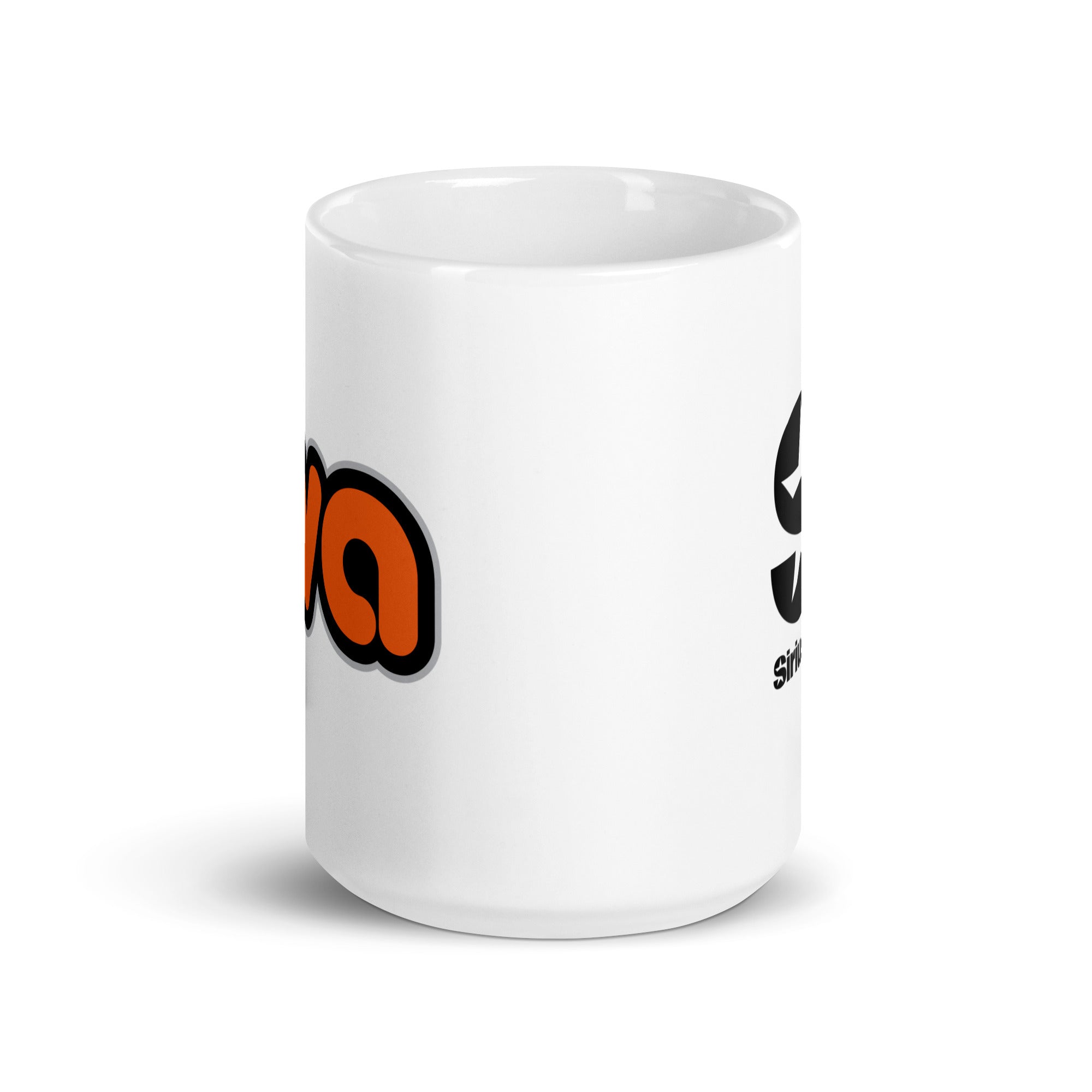 Side view of white ceramic mug, with partially visible front and back logos.