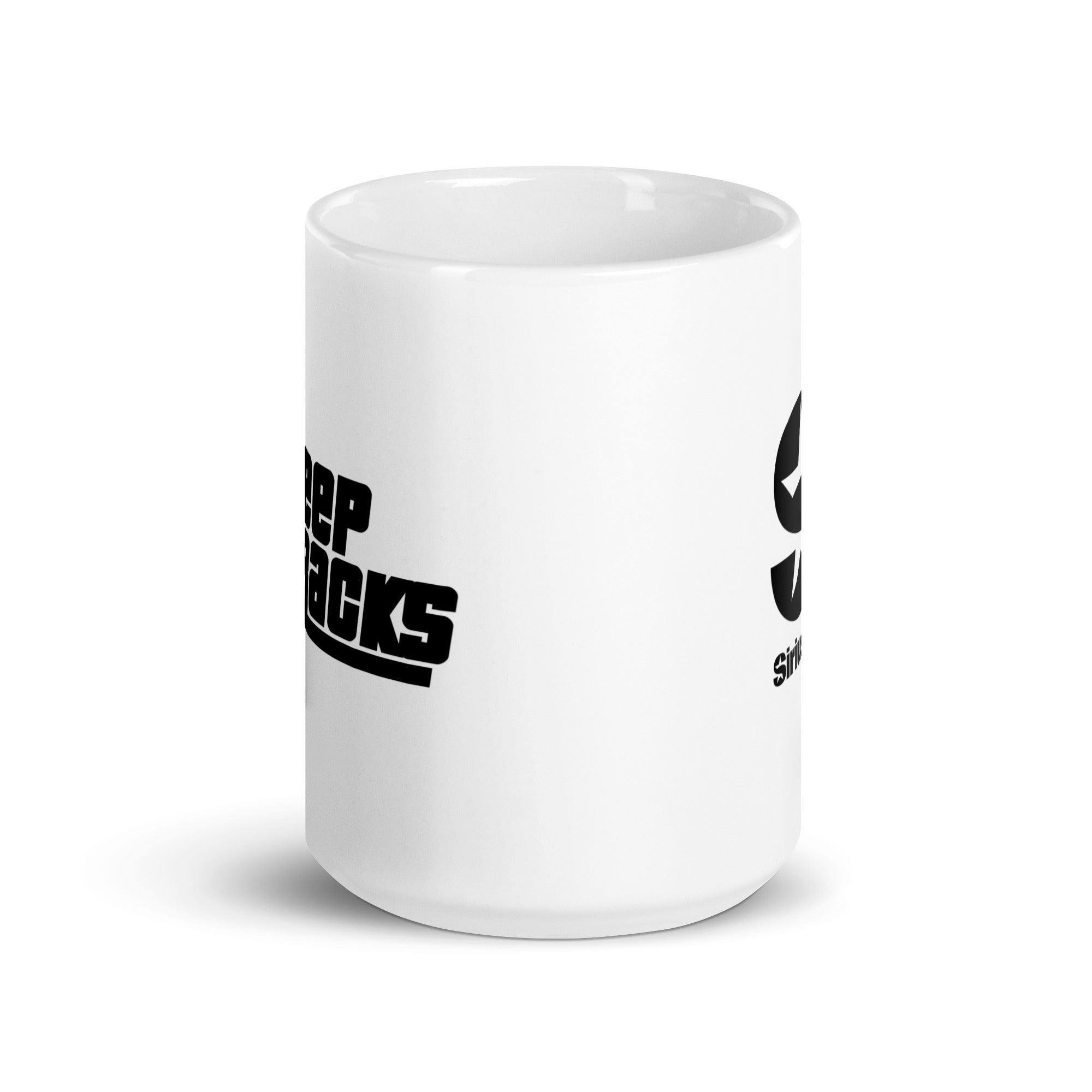 Side view of white ceramic mug, with partially visible front and back logos.