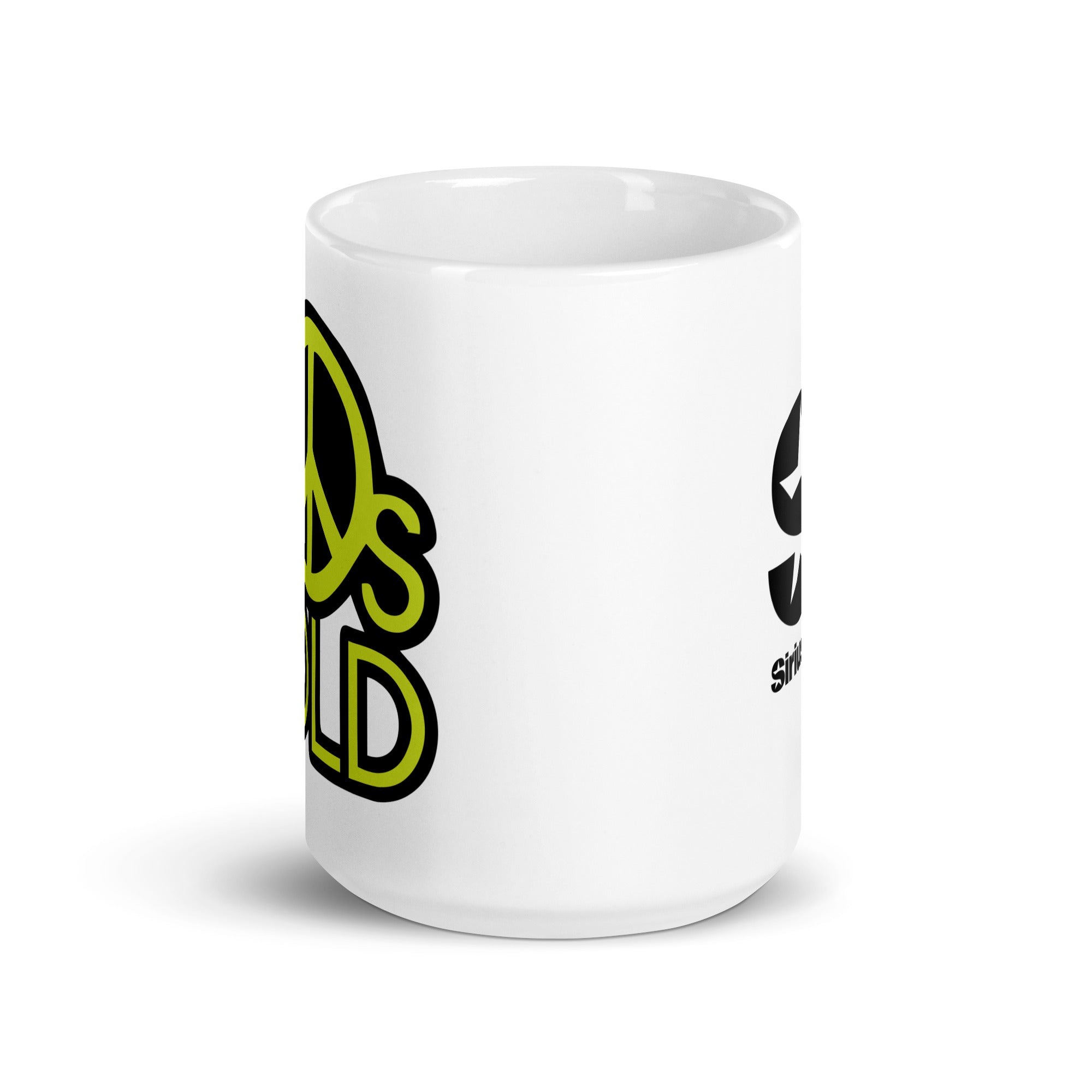 White ceramic mug. View opposite of handle.