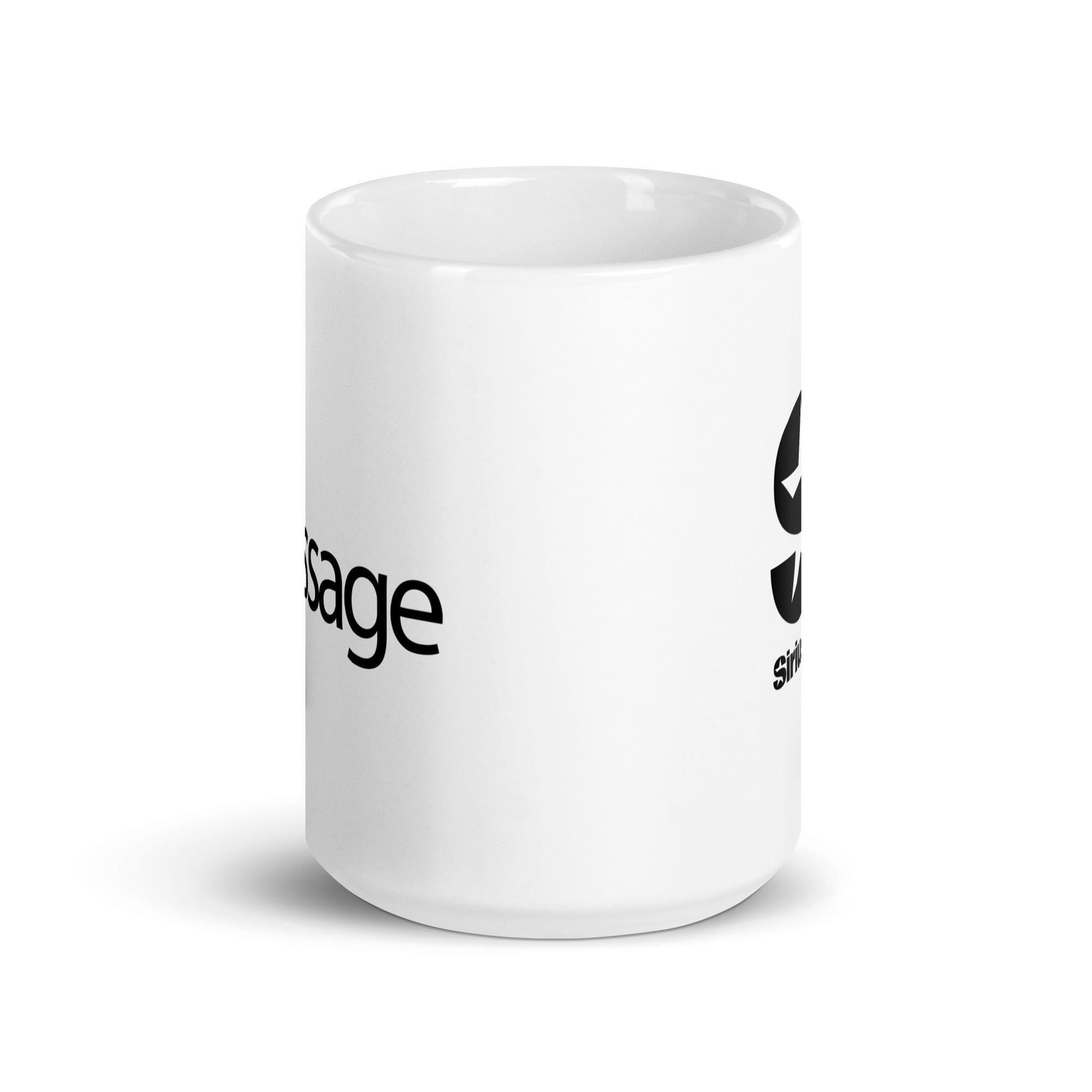 White mug with simple black text and logo, featuring the words 'message' and 'simple' on its side.