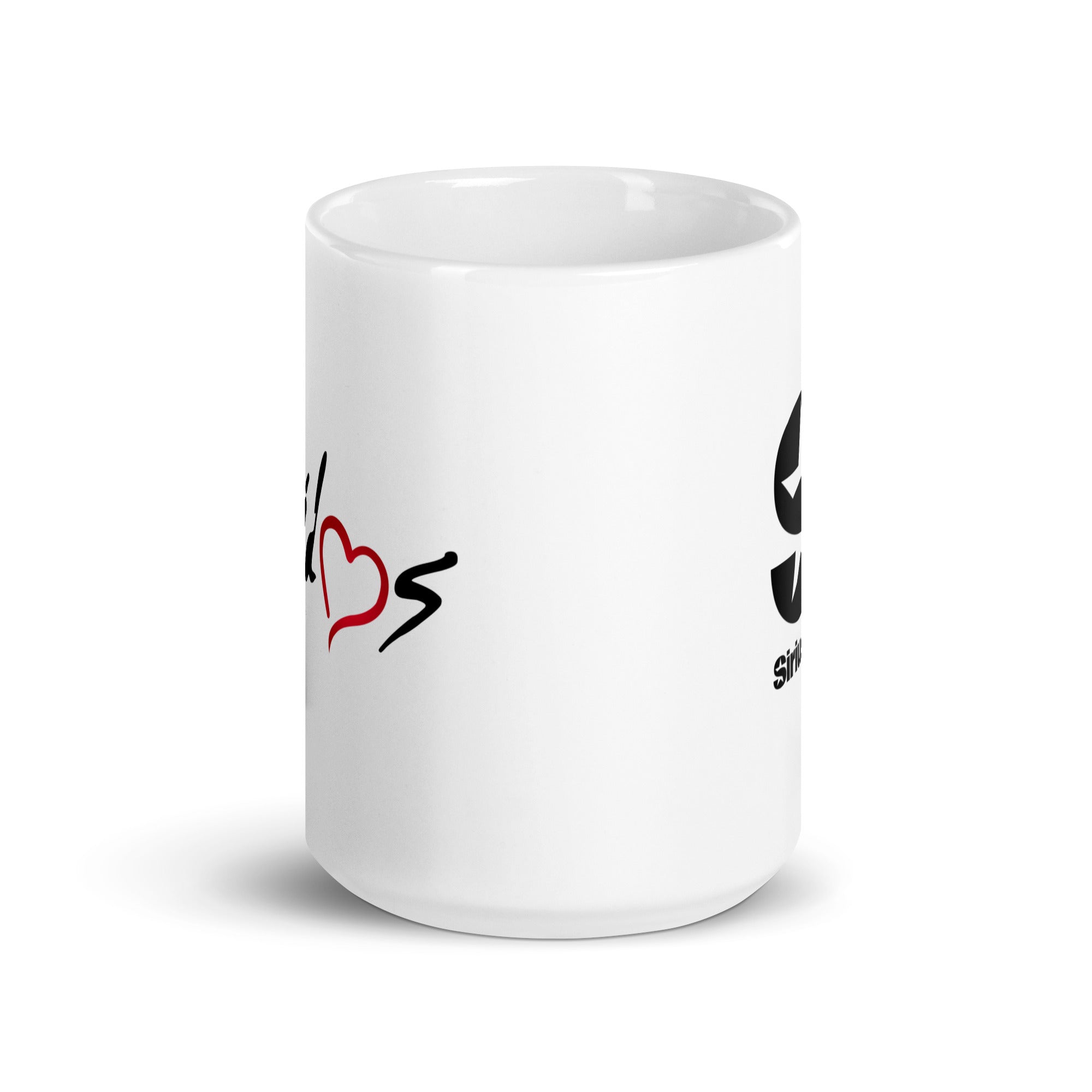 White mug featuring stylized text and graphics, including the phrase 'loves' in red and a smiling face design.