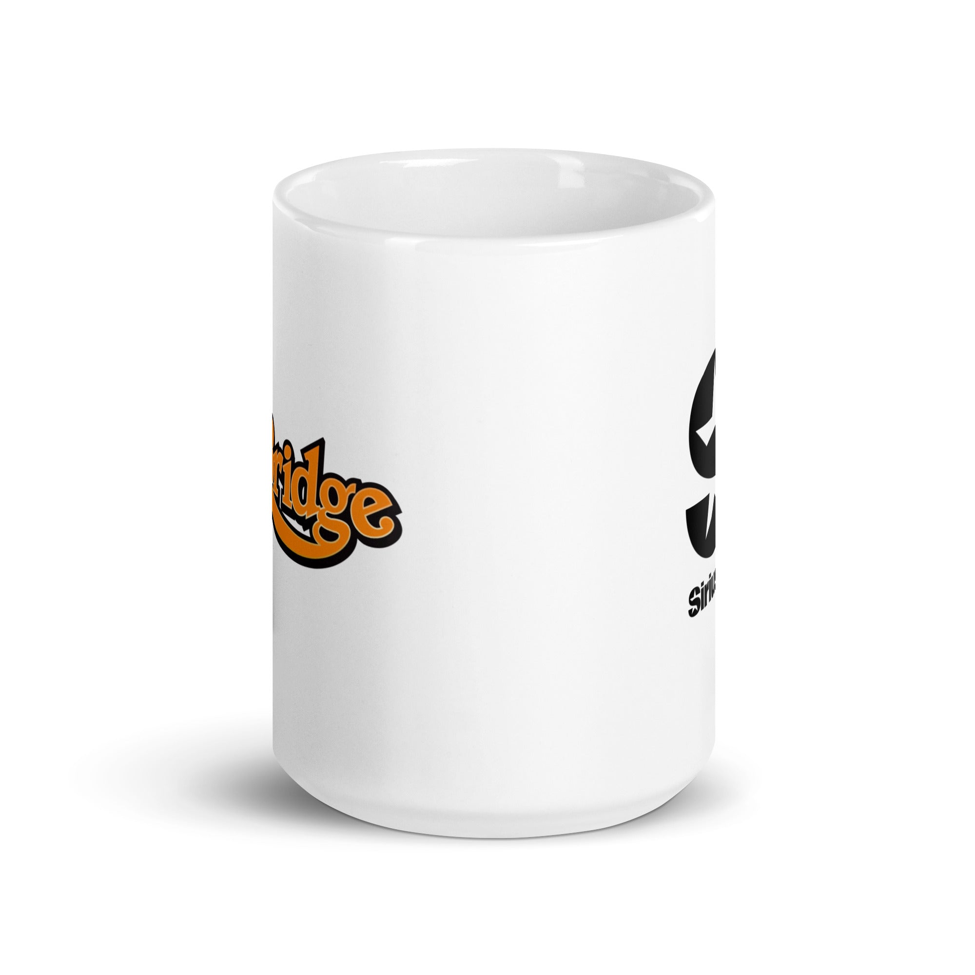 White mug. View opposite of handle.