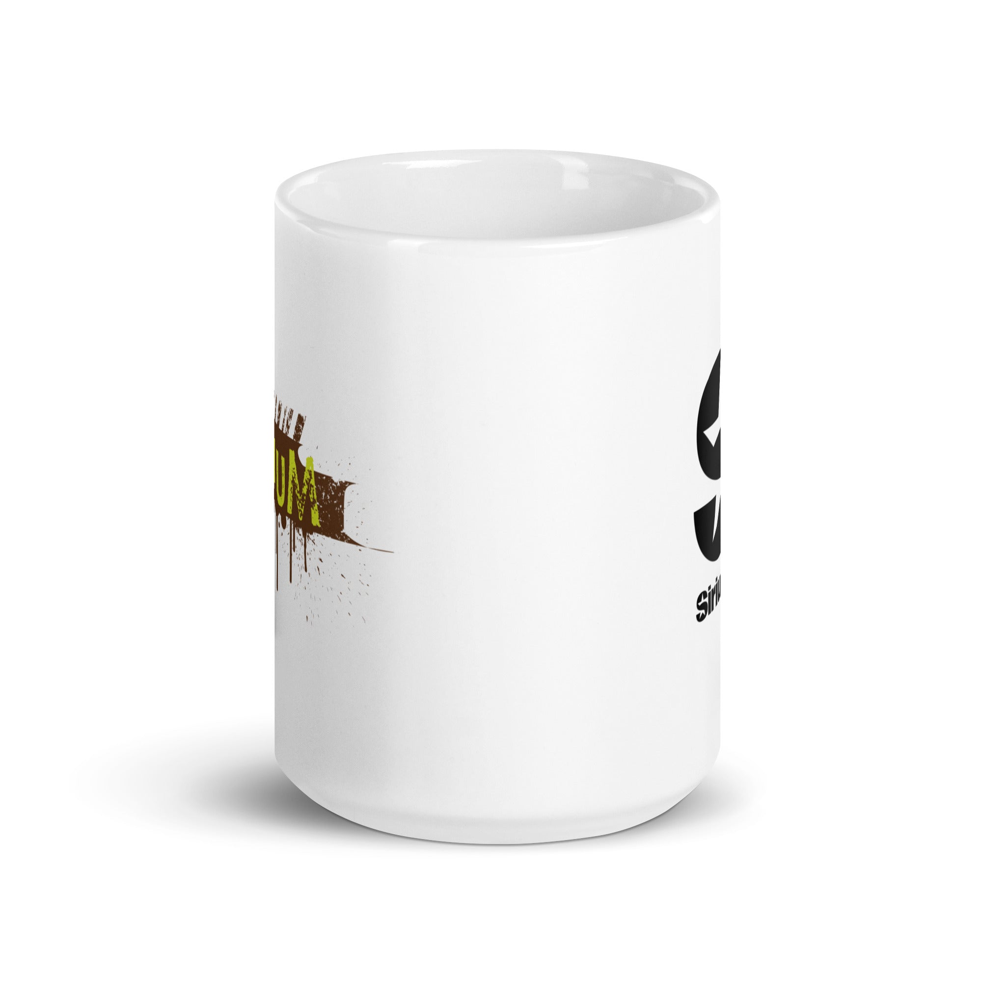 White mug. View opposite of handle.