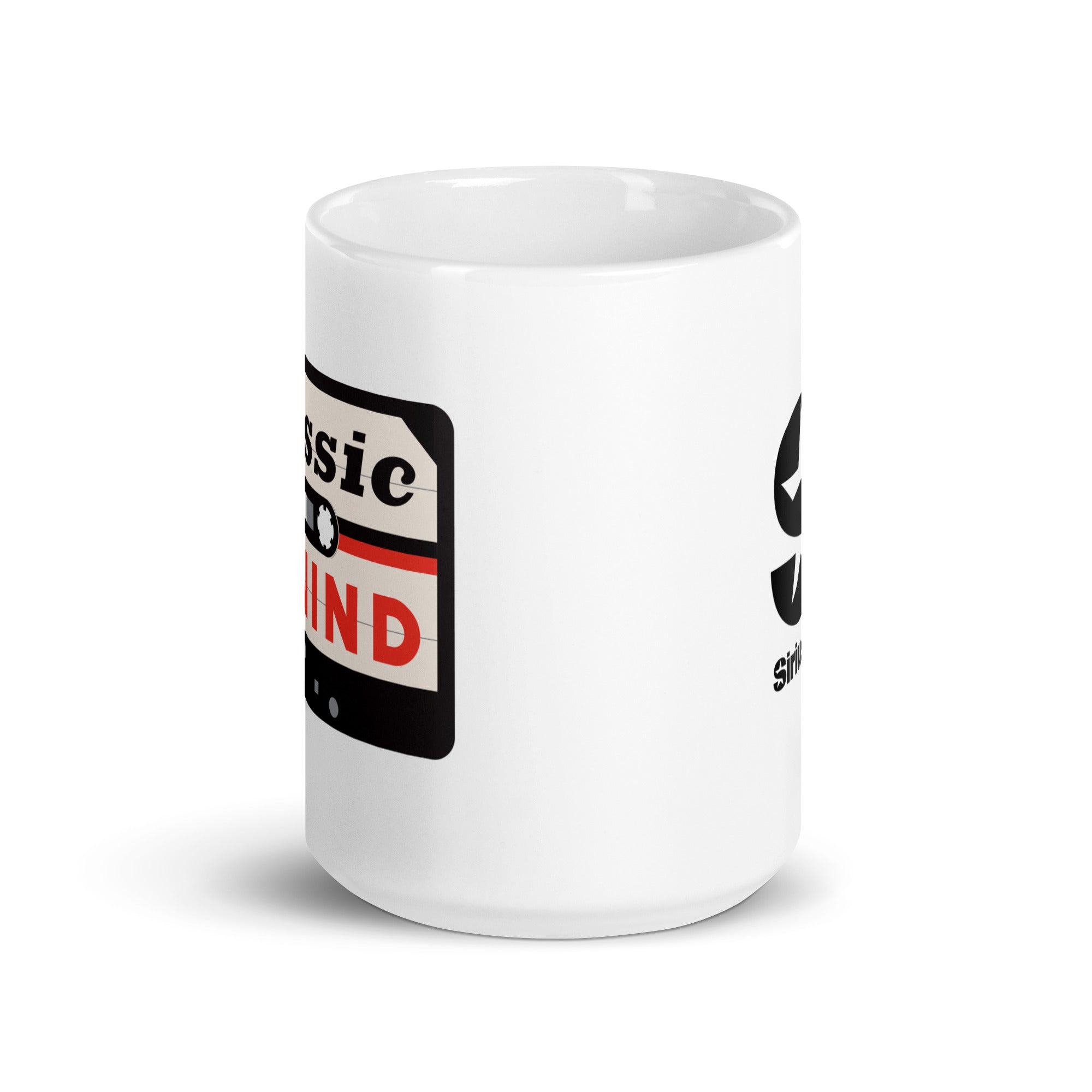 White mug. View opposite of handle.