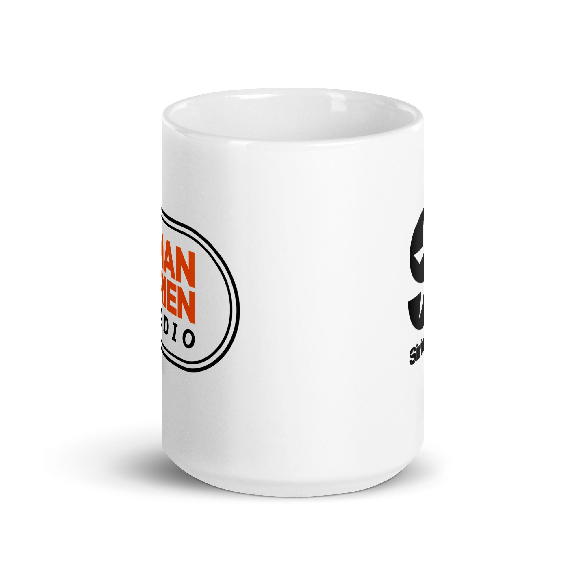 Side view of white ceramic mug, partially featuring front and back logos.