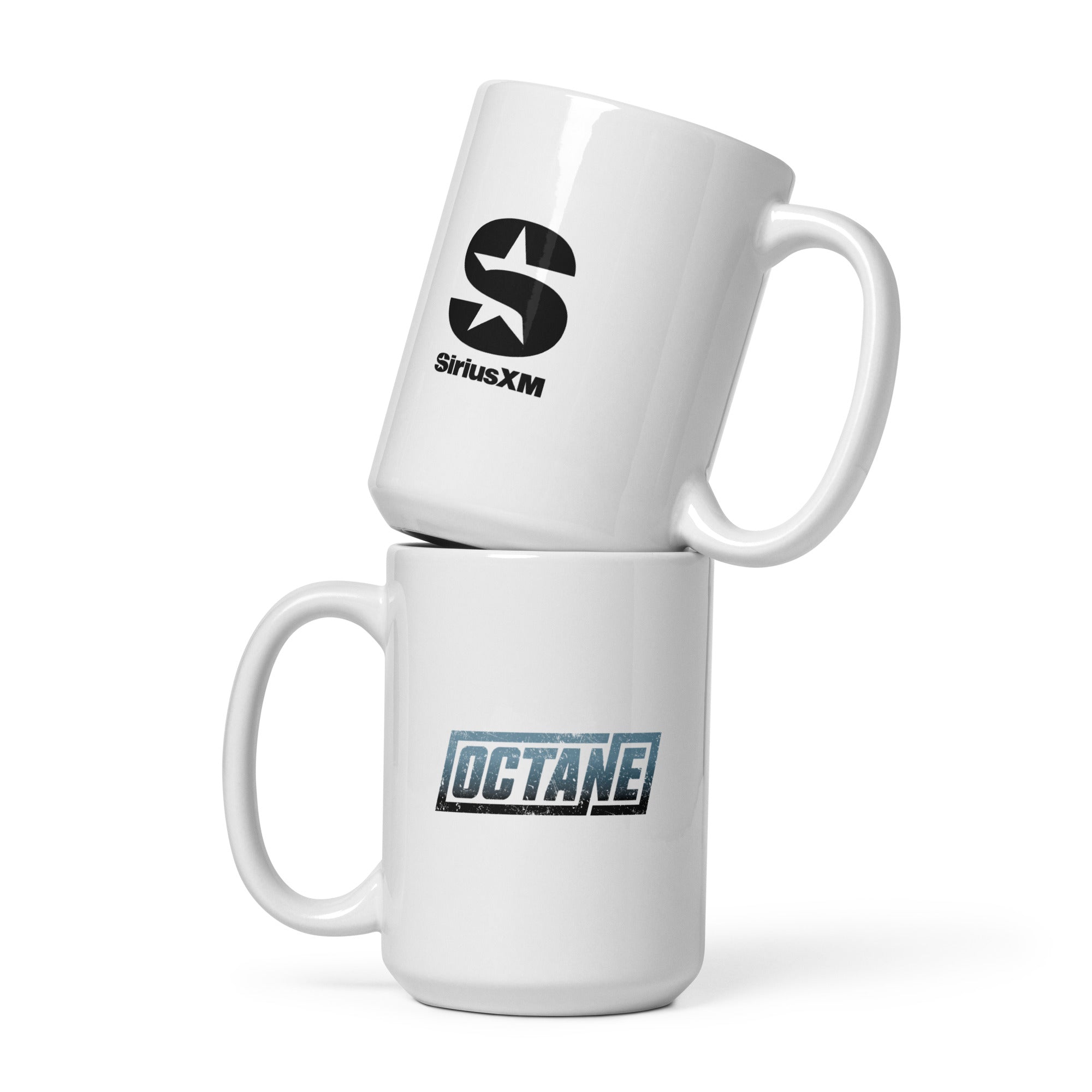 Two white mugs stacked on each other, one displaying the SiriusXM logo on one side and the other featuring the 'OCTANE' logo in a blue, distressed font on the other side.
