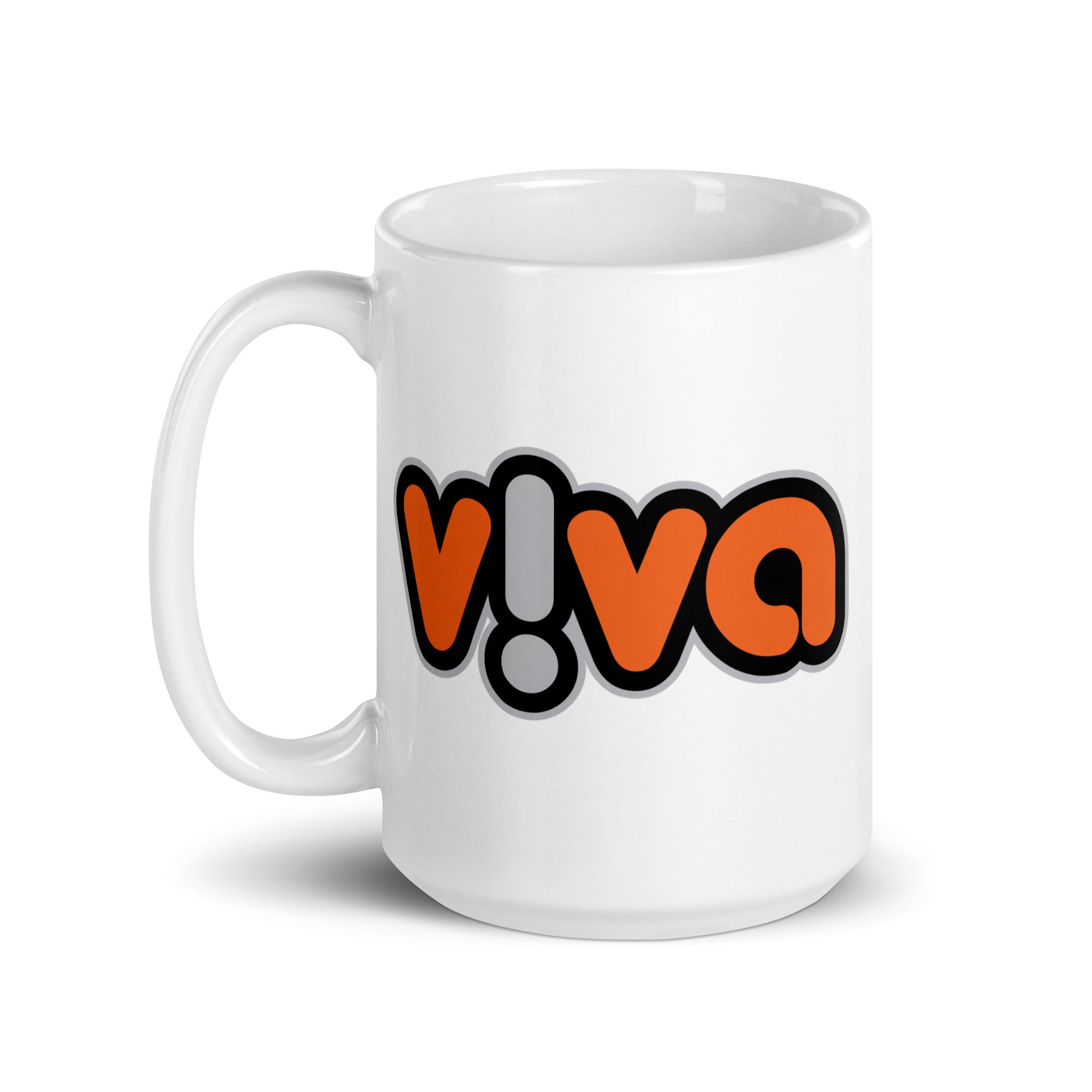 White mug with the word 'viva' in stylized orange, grey and black letters.